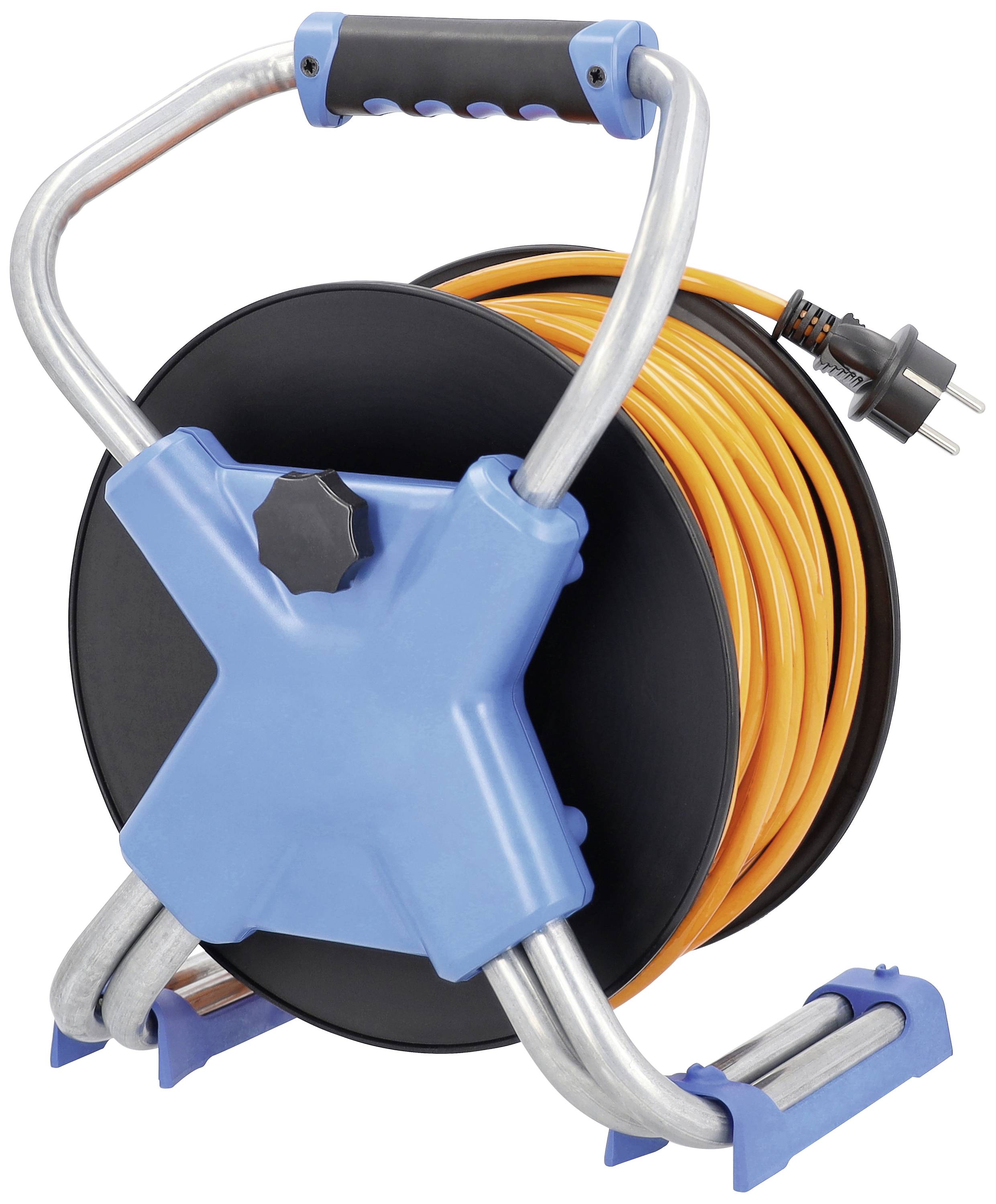 Ein oranges Verlängerungskabel ist auf einer blauen Kabeltrommel aufgerollt, mit einem schwarzen Griff und einem europäischen Stecker.