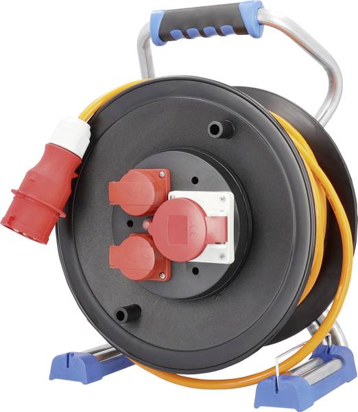 Schwarze Kabeltrommel mit drei roten Steckdosen und einem roten Stecker an einem orangefarbenen Kabel, montiert auf einem Metallrahmen.