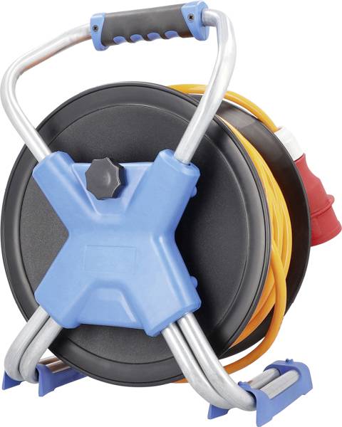 Ein tragbarer Kabeltrommel mit orangefarbenem Kabel, schwarzer Trommel und blauem Griff, geeignet für Stromanschlüsse auf Baustellen.