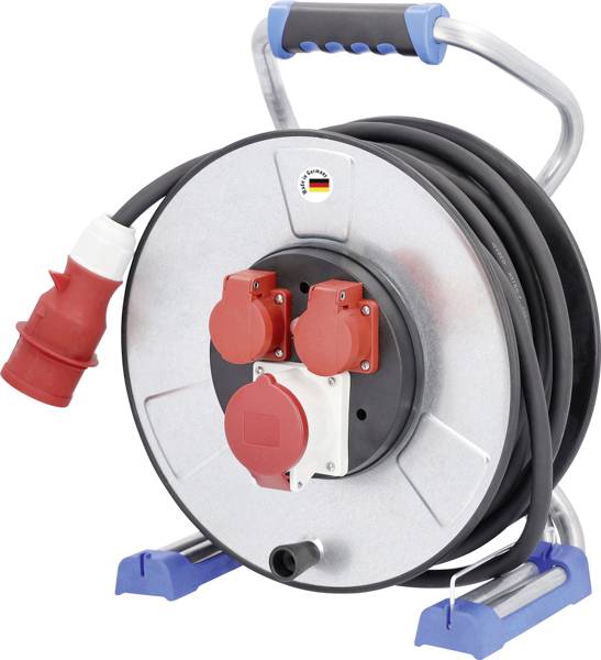 Mobile Kabeltrommel mit Griff, Metallrahmen, zwei roten Steckdosen und schwarzem Kabel.
