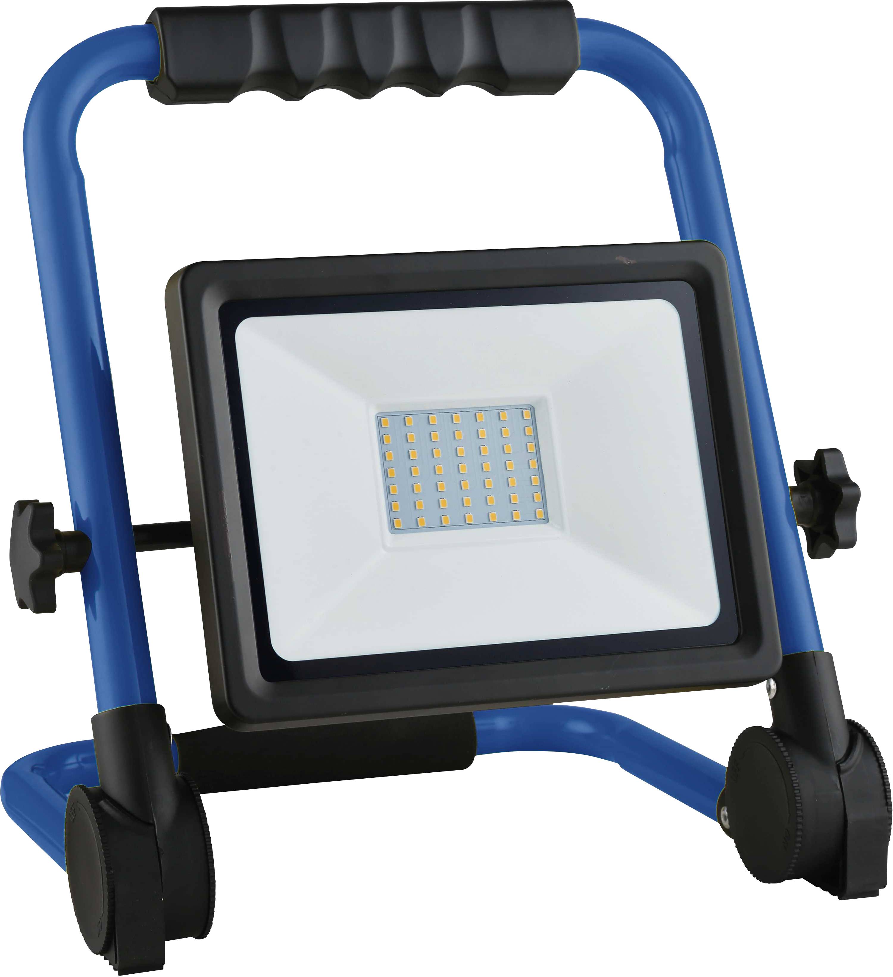 Ein tragbarer LED-Baustrahler mit blauer Umrandung und schwarzem Griff, auf einem verstellbaren Ständer montiert.