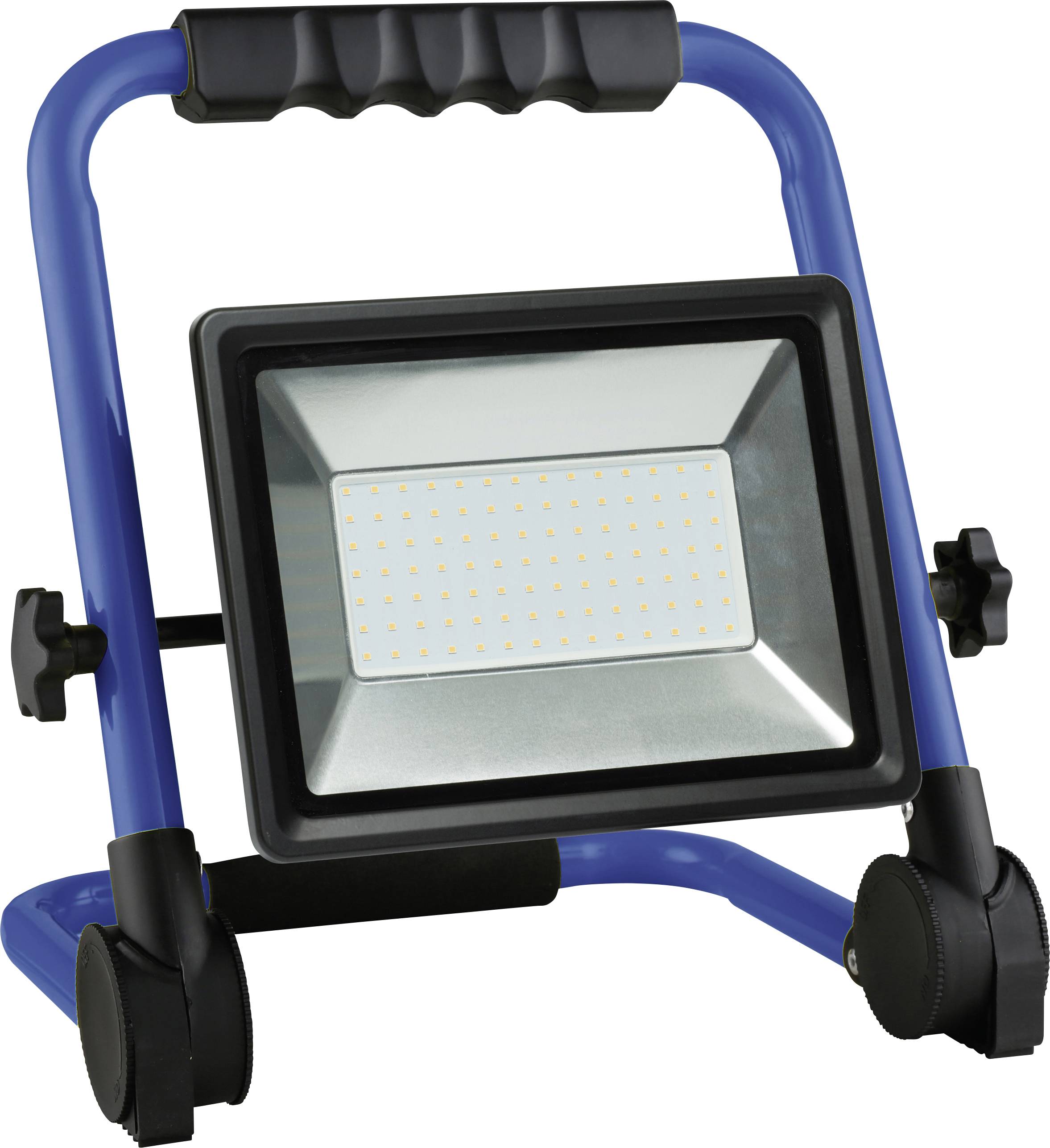 Tragbarer LED-Strahler mit blauem Metallrahmen und Griff. Perfekt zum Ausleuchten von Baustellen oder Arbeitsbereichen.