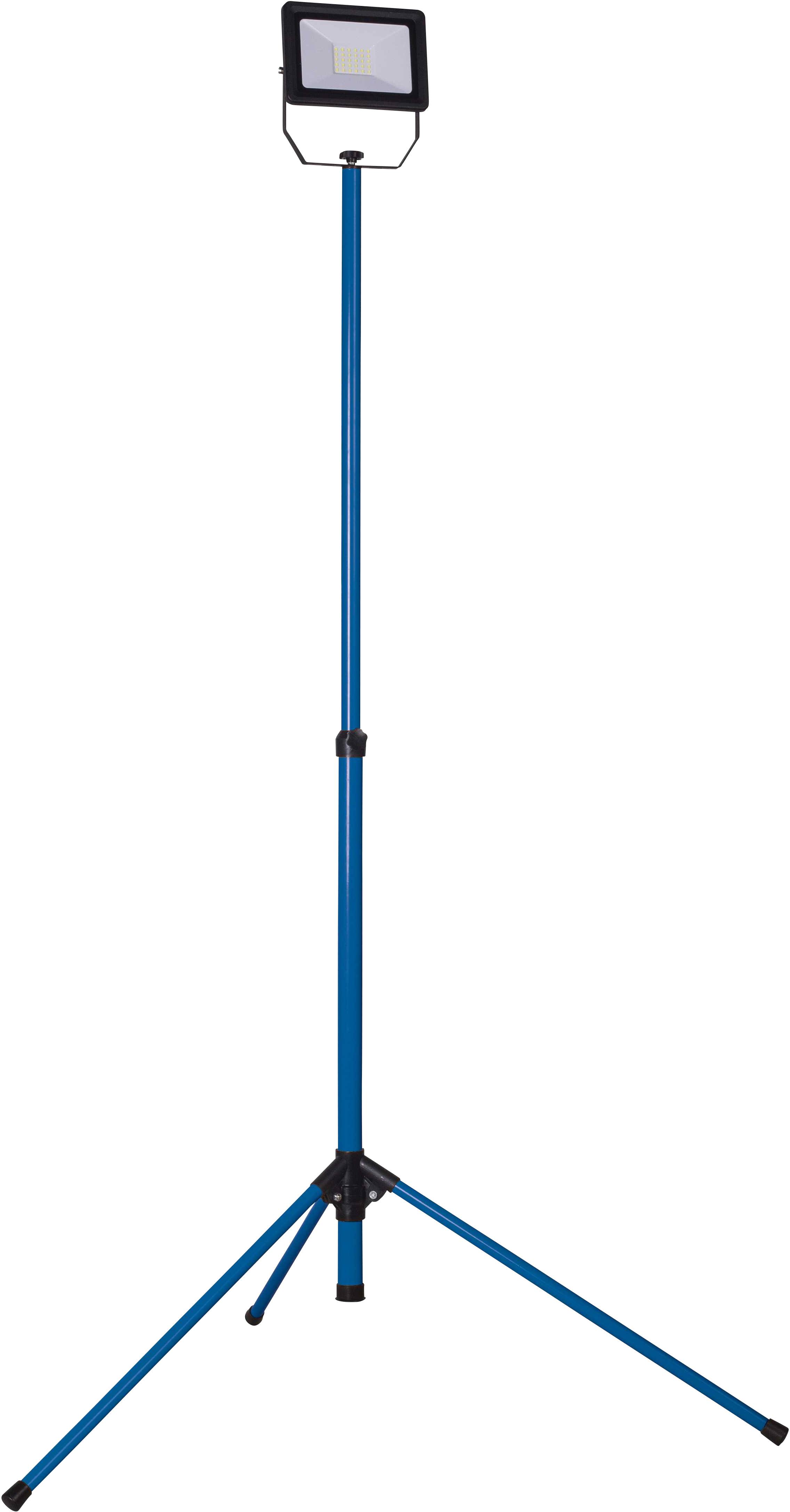 Ein blaues Stativ mit einem rechteckigen LED-Strahler oben. Der Strahler leuchtet hell und ist auf einem verstellbaren Standfuß montiert.