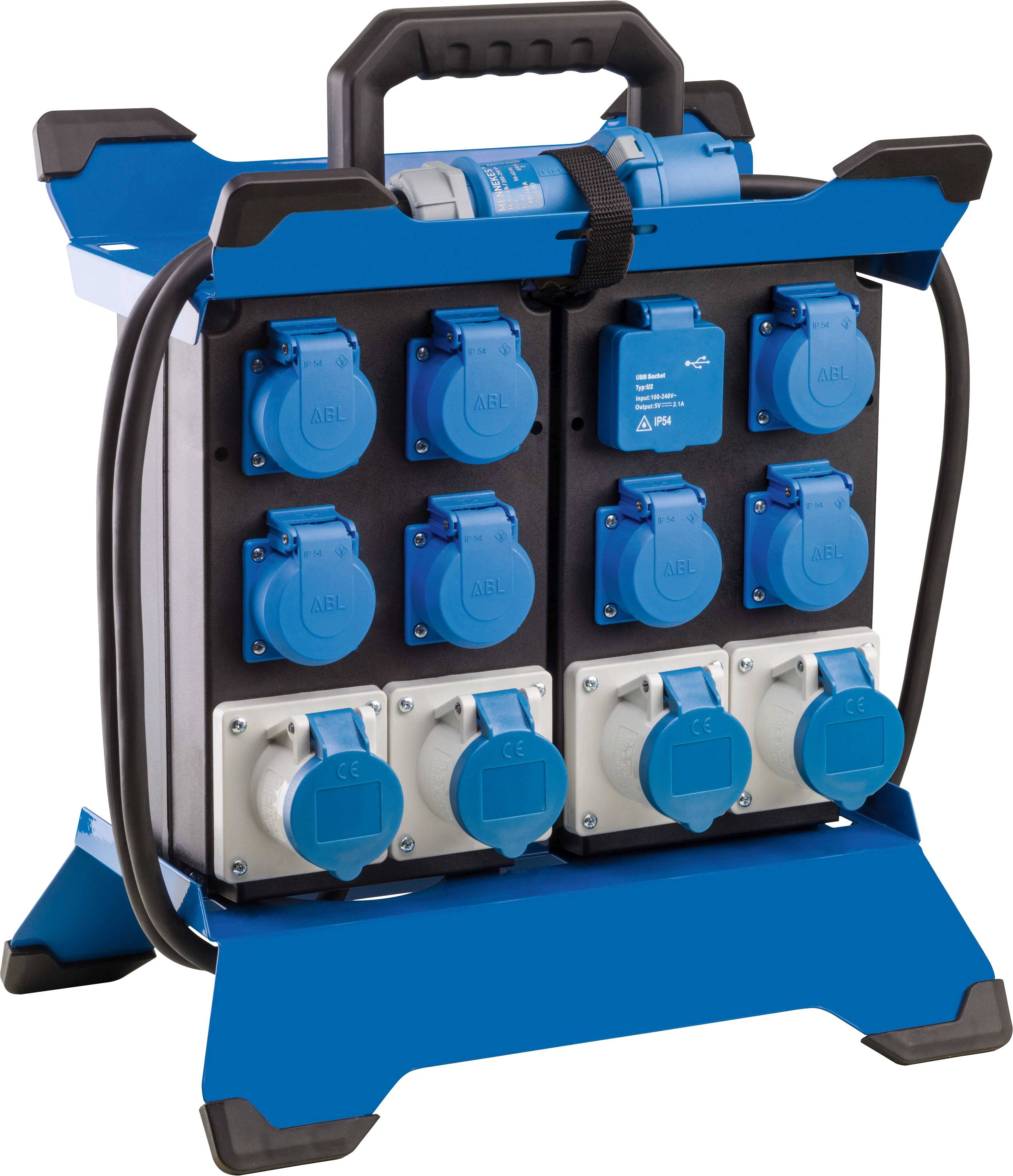 Tragbare Stromverteilerbox mit mehreren blauen und weißen Steckdosen, schwarzem Tragegriff und robustem Gehäuse.