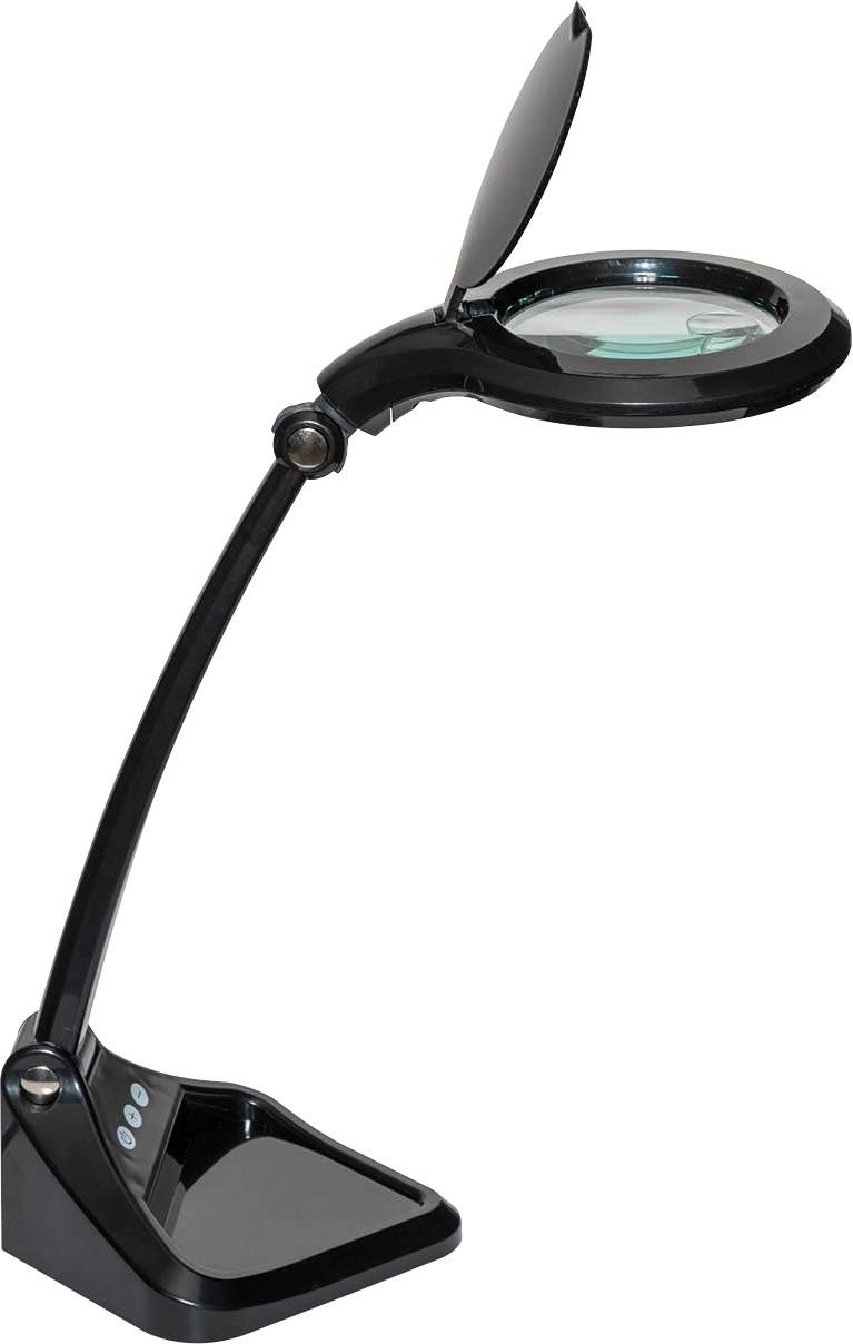 Schwarze Lupenlampe mit gebogenem Arm und runder Linse, geeignet zum Lesen oder für präzise Arbeiten bei guter Beleuchtung.