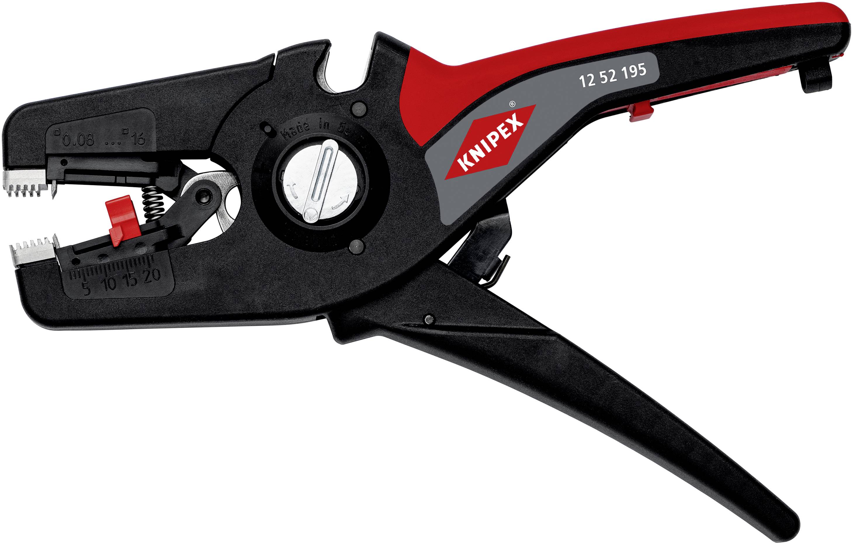 Abisolierzange von Knipex, schwarz-rot, mit stufenloser Justierung und Skala, geeignet für Kabel 0,03 bis 10 mm² (AWG 32-7).