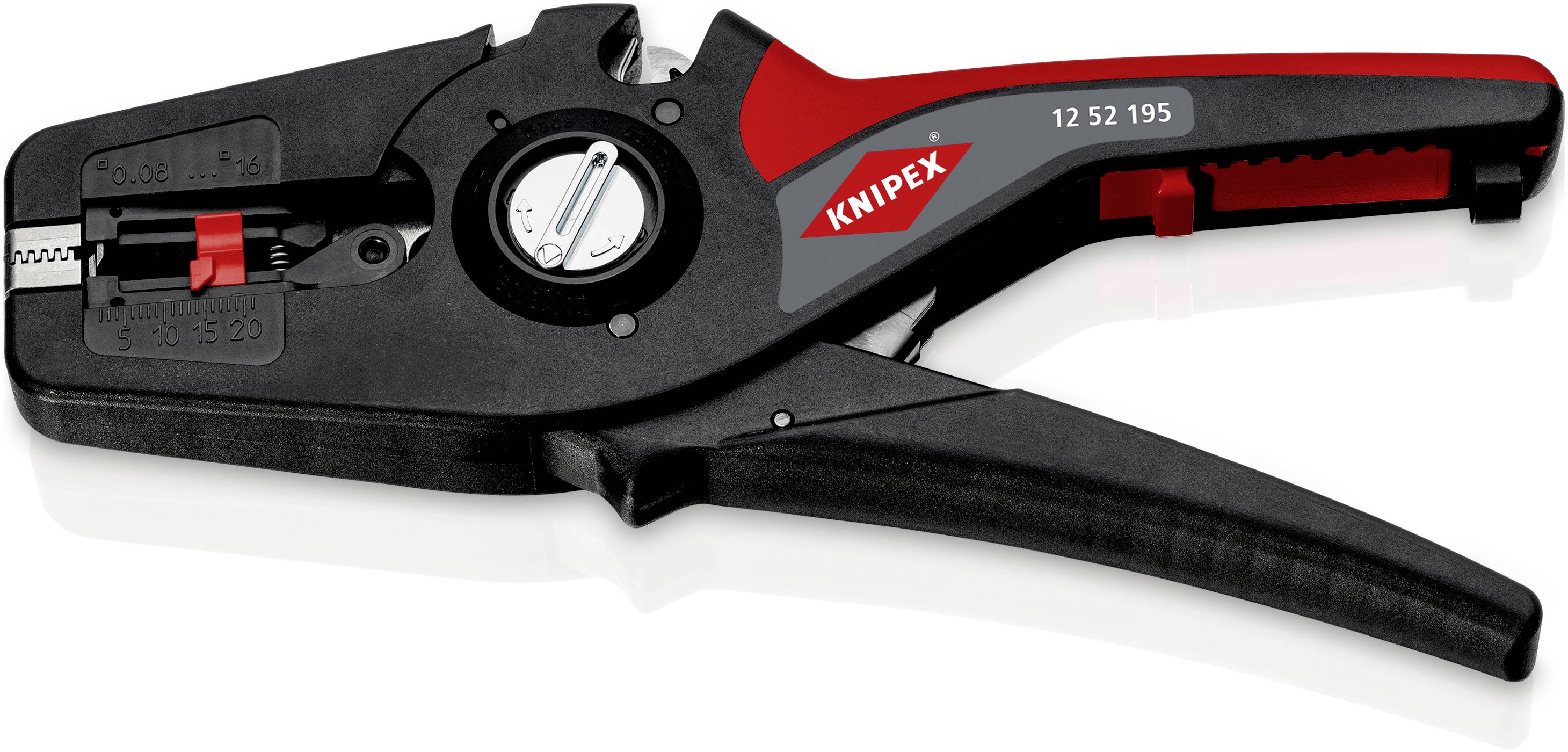 Eine Zange mit schwarzem Griff und roter Markierung, beschriftet mit 'Knipex 12 52 195', geeignet zum Abisolieren von Kabeln.