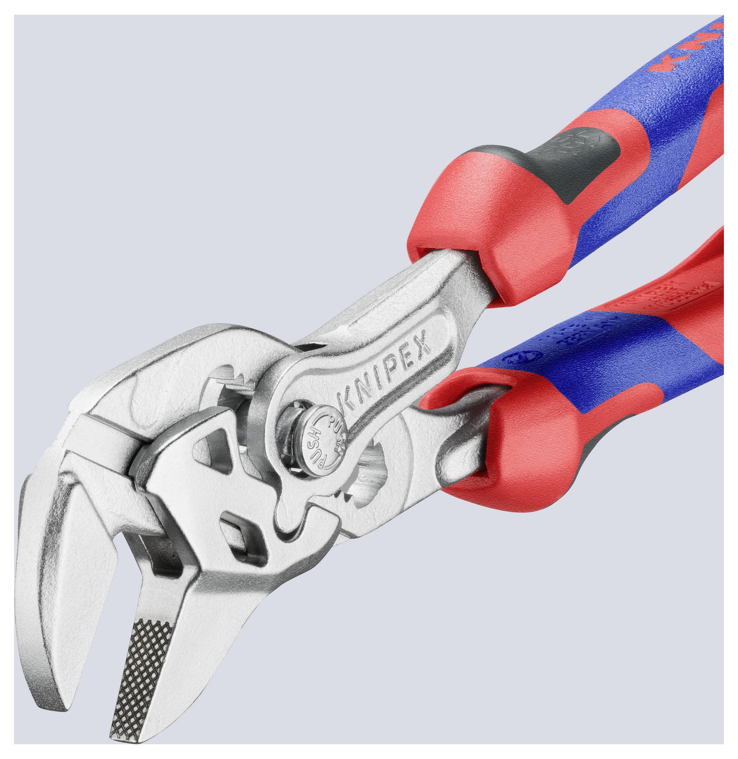 Eine rote und blaue Knipex Zangenschlüssel mit verstellbarem Maul und ergonomischem Griffdesign auf einem einfarbigen Hintergrund.