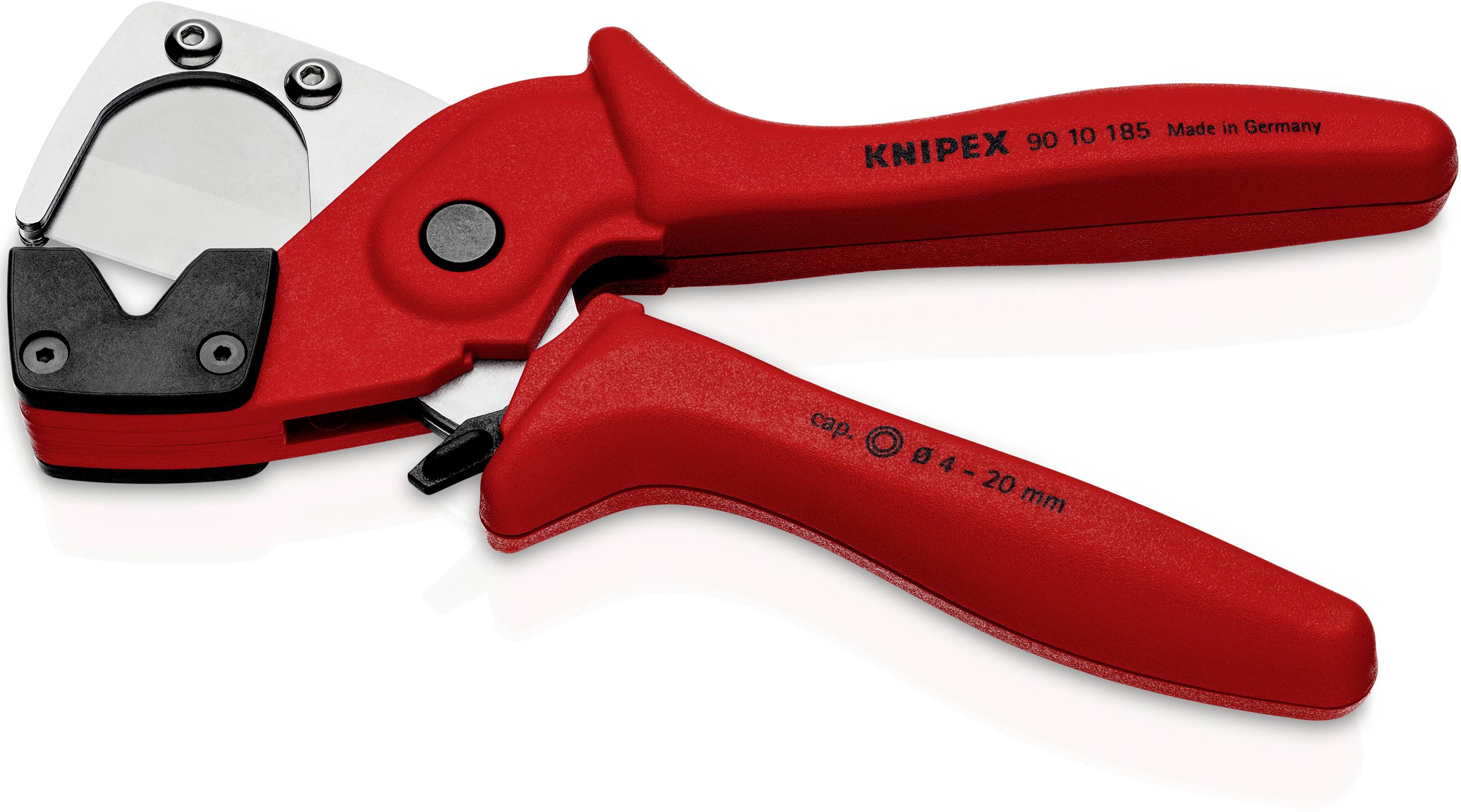 Rote Kabelschere aus Stahl mit ergonomischem Griff, beschriftet 'Knipex 90 10 185'. Geeignet zum Schneiden von Kabeln bis 20 mm.