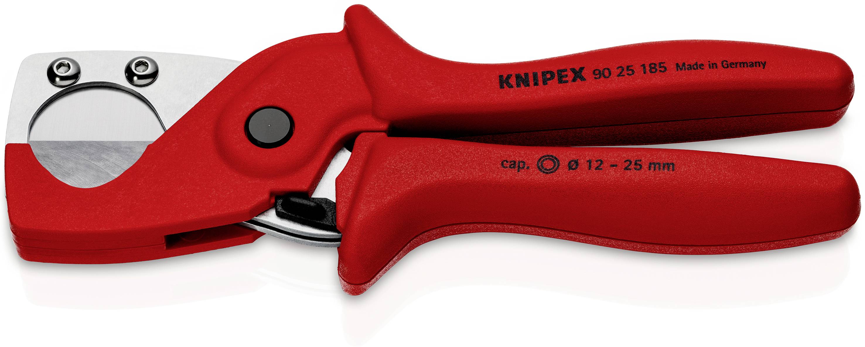 Rote Knipex Rohrschneider für Kunststoffrohre, geeignet für Durchmesser von 12 bis 25 mm, hergestellt in Deutschland.