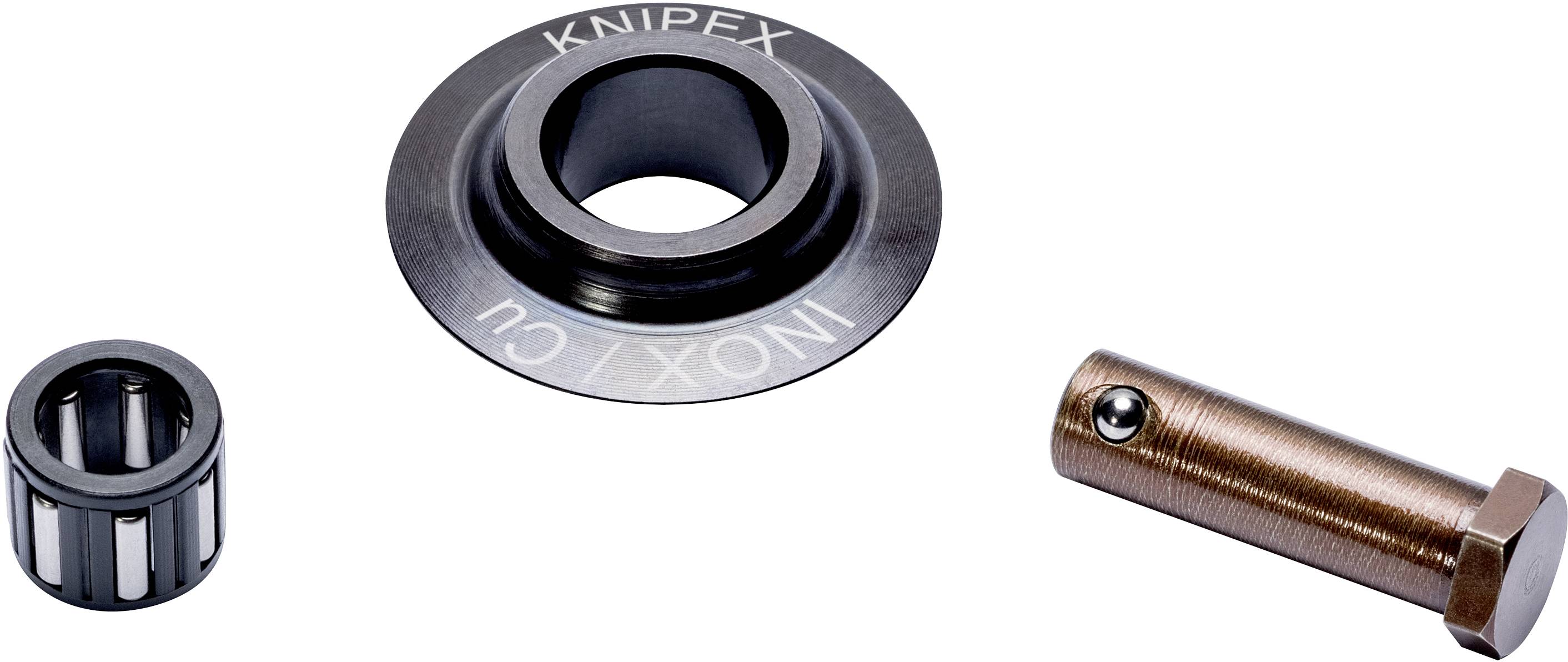 Drei Metallteile: ein kugelgelagerter Zylinder, ein plattenförmiger Ring mit der Aufschrift 'KNIPEX INOX CU', und ein langer Bolzen.