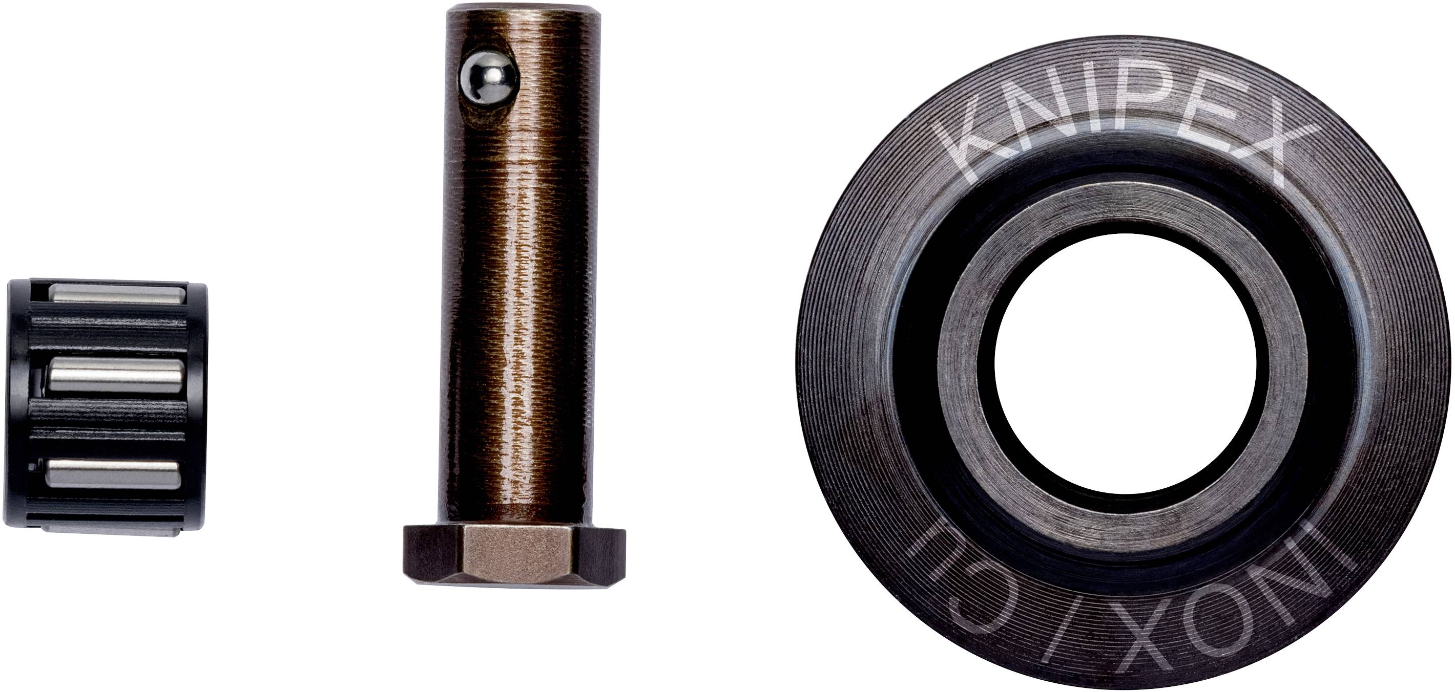 Drei metallische Komponenten: ein Lager, eine zylindrische Welle und ein großer, runder Ring mit der Aufschrift 'KNIPEX / INOX'.
