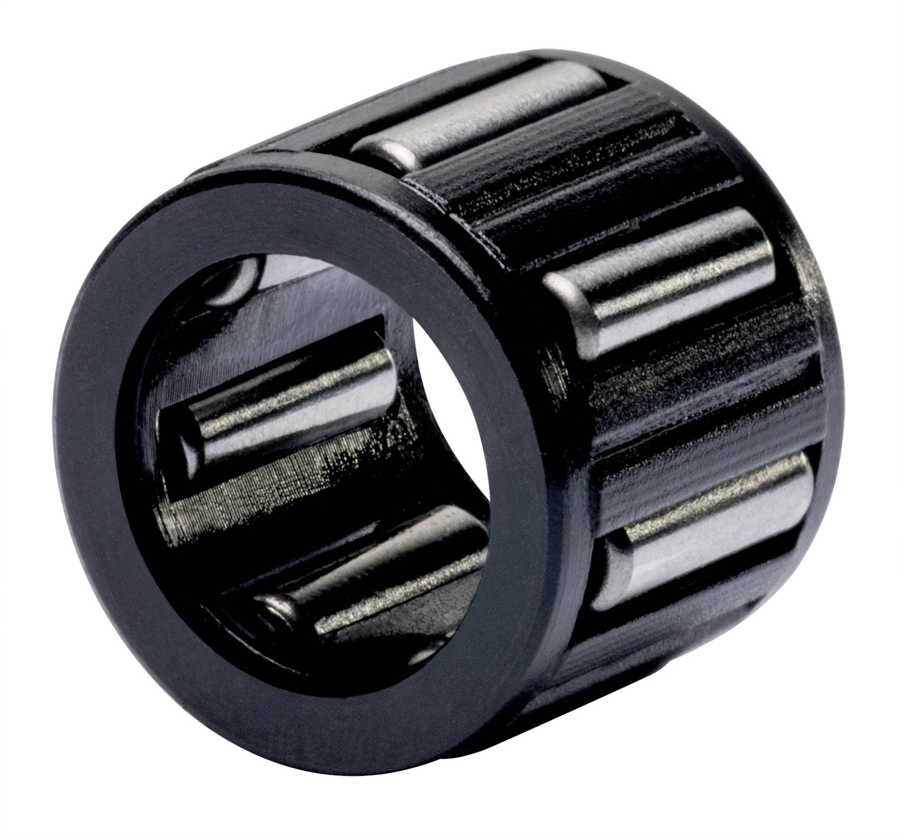 Schwarzes Nadellager in zylindrischer Form. Verwendet für reibungsarme Drehbewegungen in Maschinen oder Fahrzeugen.