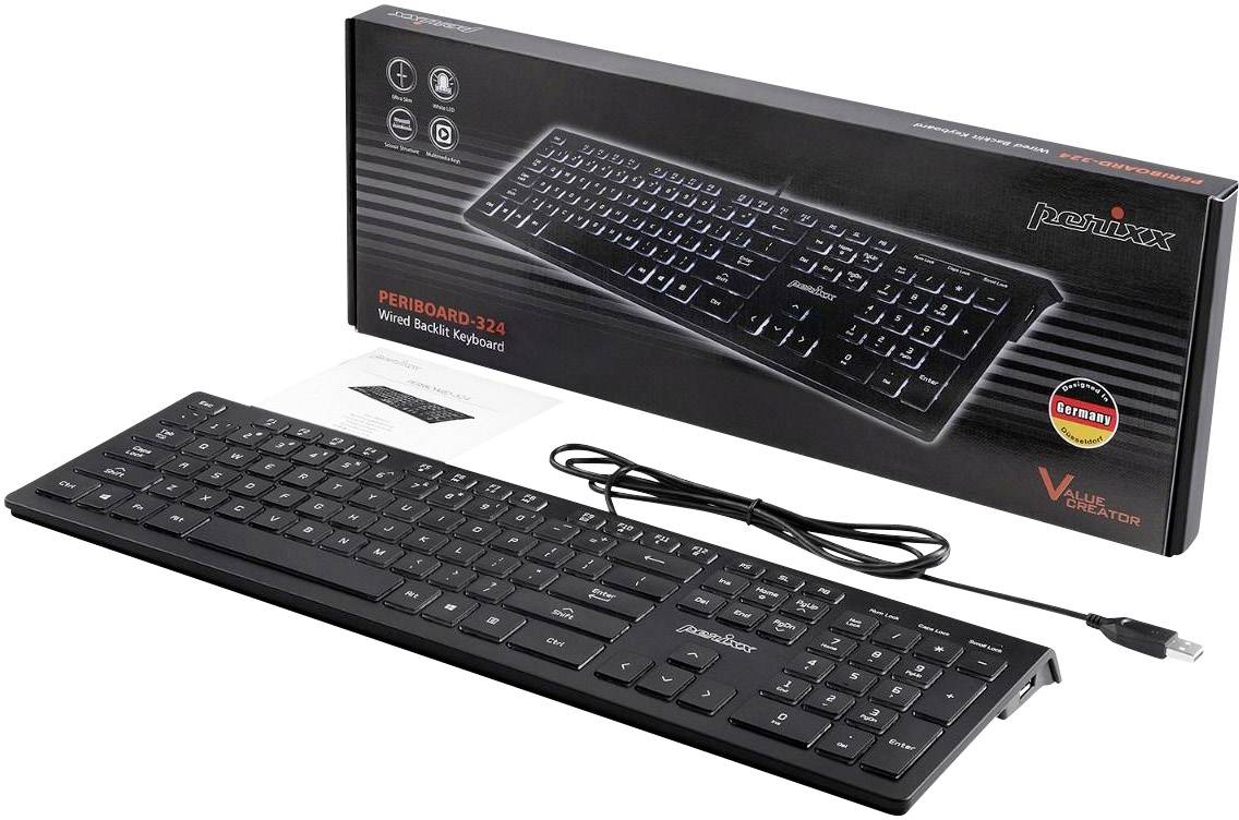 Perixx PERIBOARD-324 DE B Funk Tastatur Deutsch, QWERTZ Schwarz USB-Hub, mit numerischer Tastatur, Beleuchtet