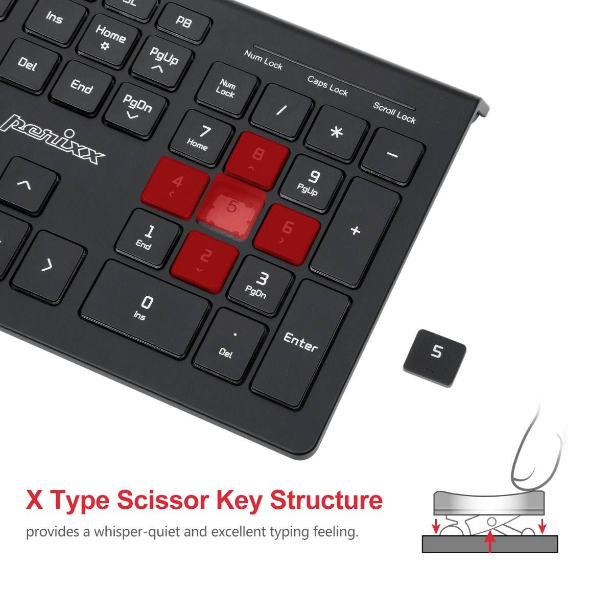 Perixx PERIBOARD-324 DE B Funk Tastatur Deutsch, QWERTZ Schwarz USB-Hub, mit numerischer Tastatur, Beleuchtet