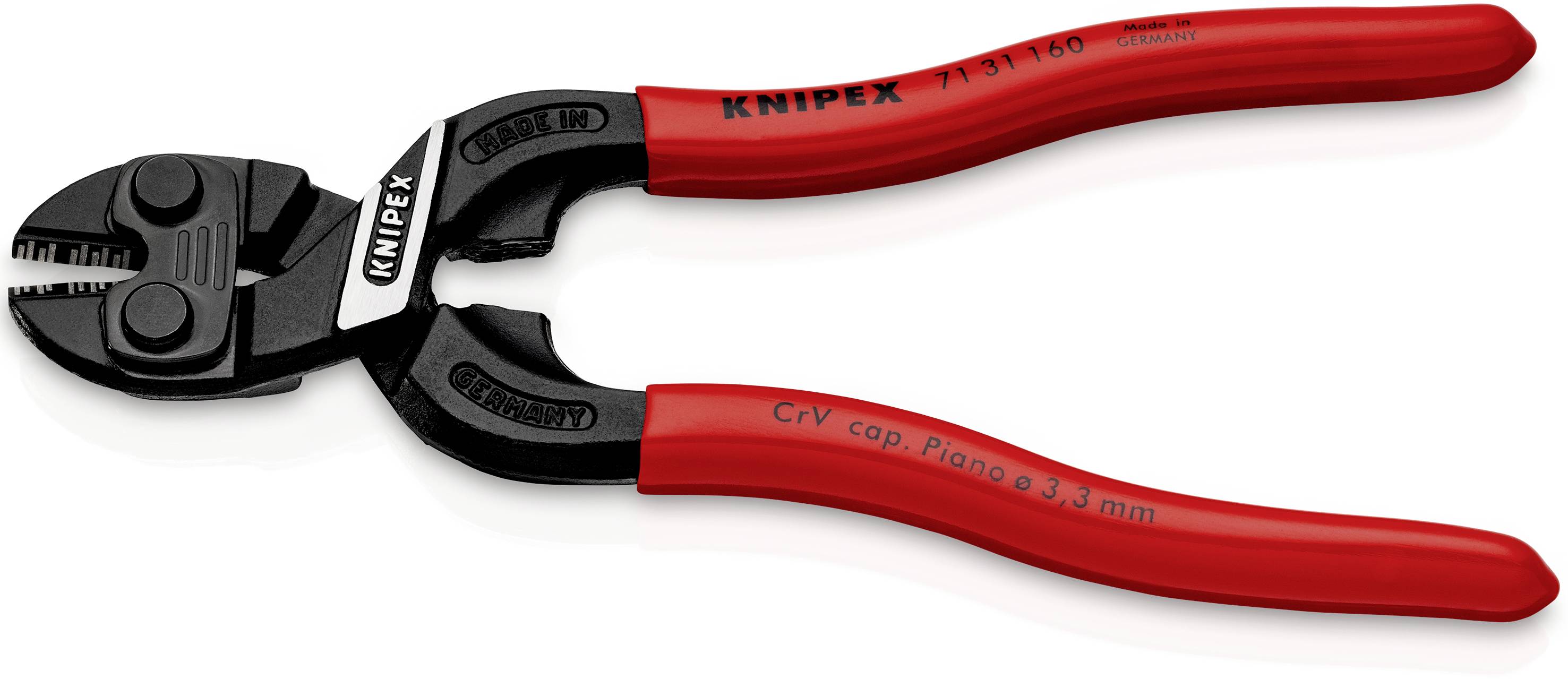 Rote KNIPEX Bolzenschneider mit geschwärzten Klingen und roten Griffen, geeignet für das Schneiden harter Drähte bis 3,3 mm.