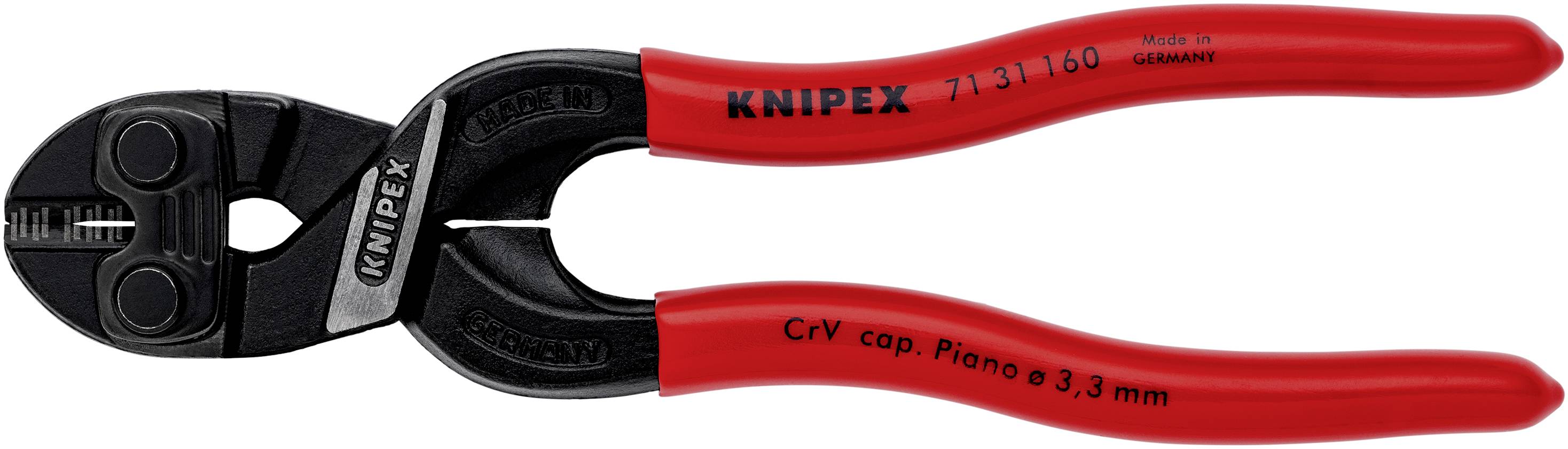 Eine rote Knipex-Kabelschere mit schwarzem Kopf, geeignet zum Schneiden von 3,3 mm dickem Klavierdraht. Made in Germany.
