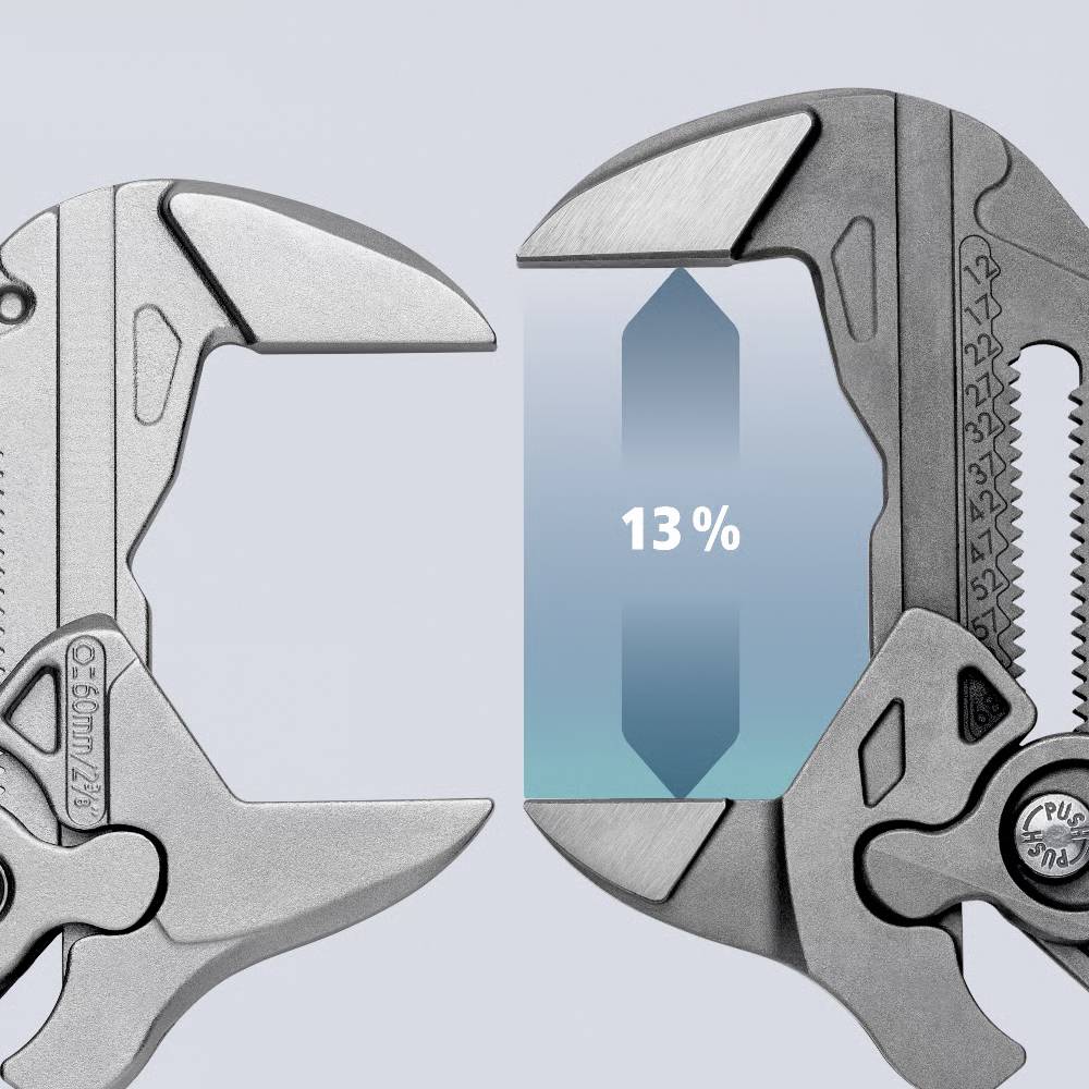 Ein multifunktionales Werkzeug in geöffneter Position, neben einer Grafik mit einer steigenden blauen Bar und dem Text '13%', symbolisiert Mess- oder Fähigkeitszuwachs.