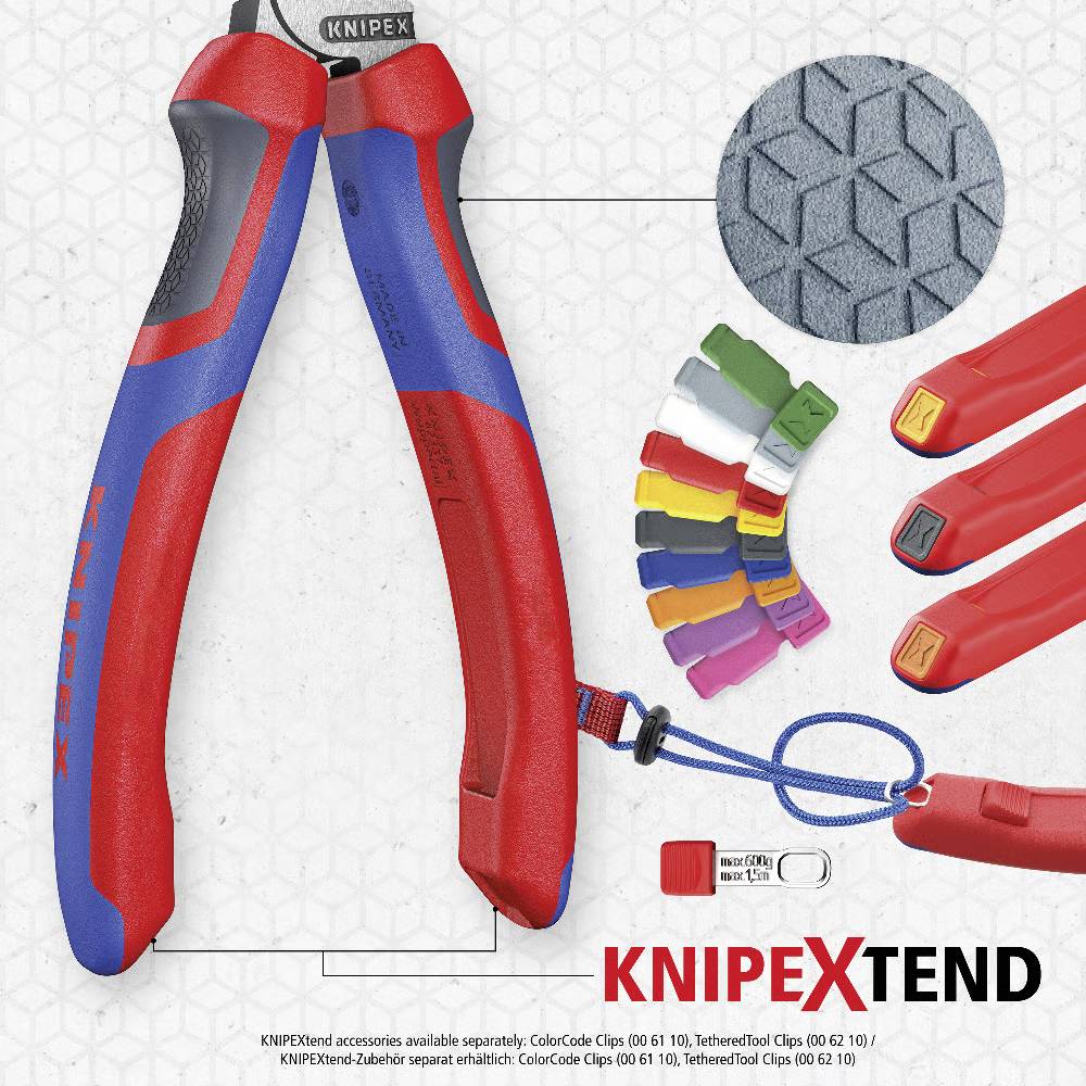 'KNIPEXtend' Zangen in Blau und Rot mit austauschbaren Griffclips zur Individualisierung. Darstellung zeigt mehrere Farbclip-Optionen und strukturierte Griffoberfläche.