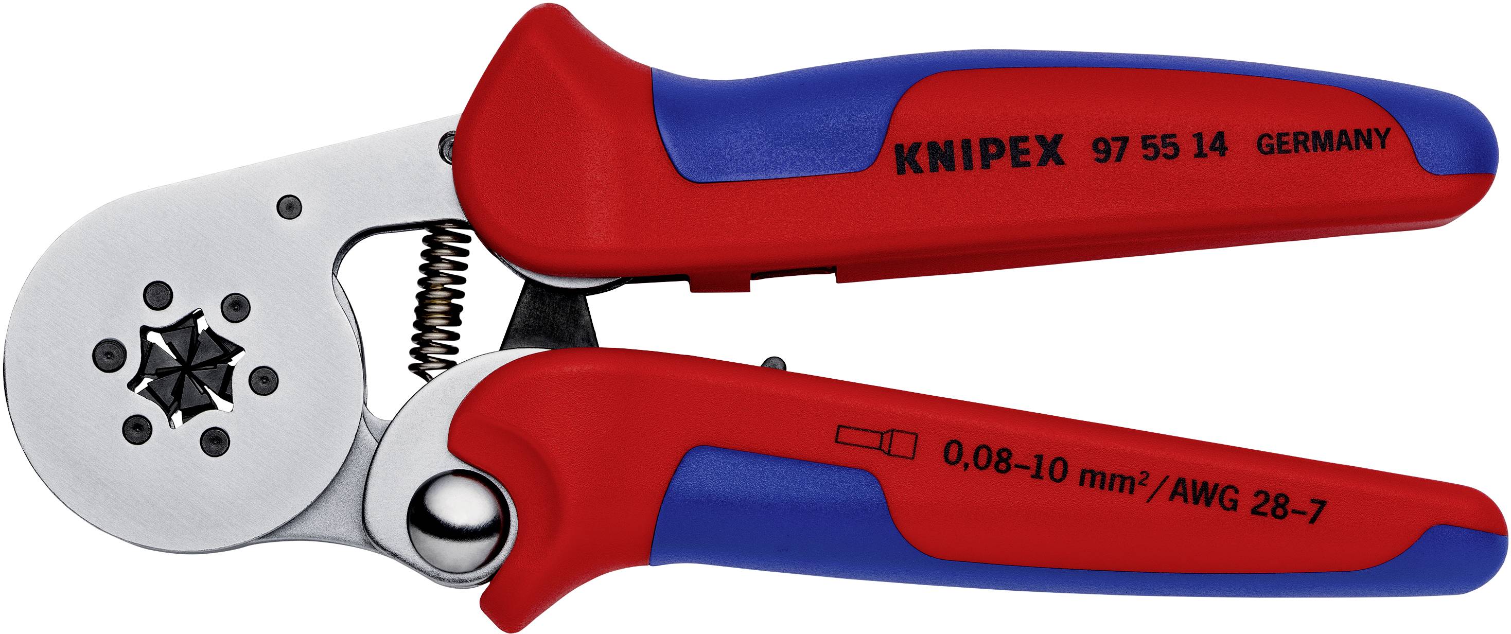 Knipex-Crimpzange mit rot-blauem Griff, Modell 97 55 14, geeignet für Kabelquerschnitte von 0,08-10 mm²/AWG 28-7.