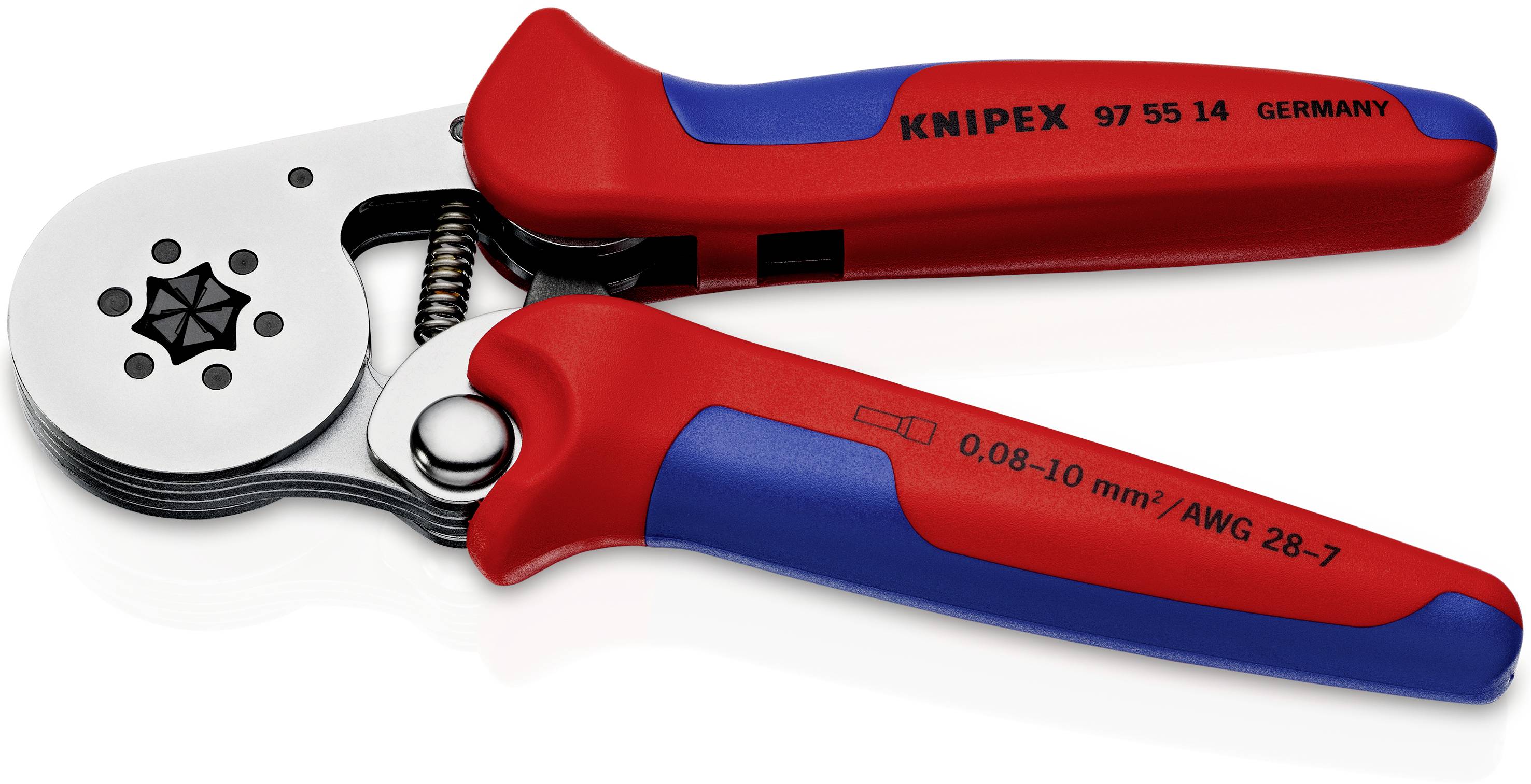 Rote und blaue Crimpzange der Marke Knipex, Modell 97 55 14, geeignet für Kabelquerschnitte von 0,08 bis 10 mm²/AWG 28-7.