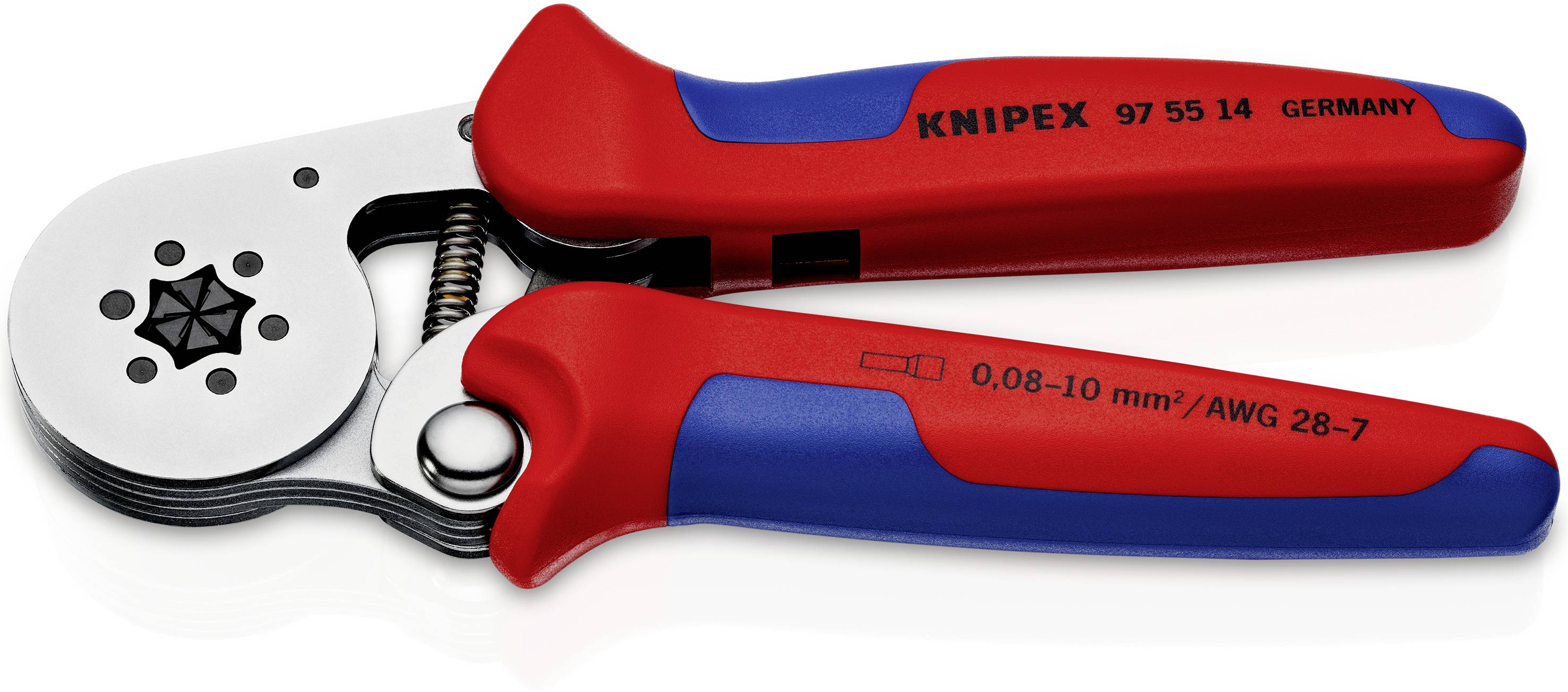 Abgebildet ist eine rote und blaue Crimpzange der Marke Knipex, angepasst für Kabelquerschnitte von 0,08-10 mm²/AWG 28-7.