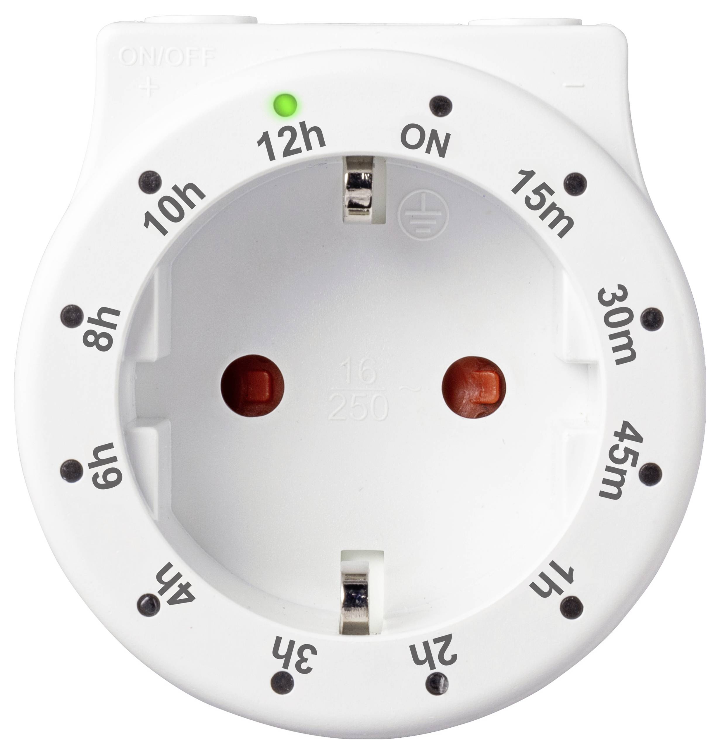 Eine weiße mechanische Zeitschaltuhr, auf der die Zeitintervalle 15 Minuten bis 12 Stunden markiert sind. Eine grüne Kontrollleuchte zeigt Aktivität an.