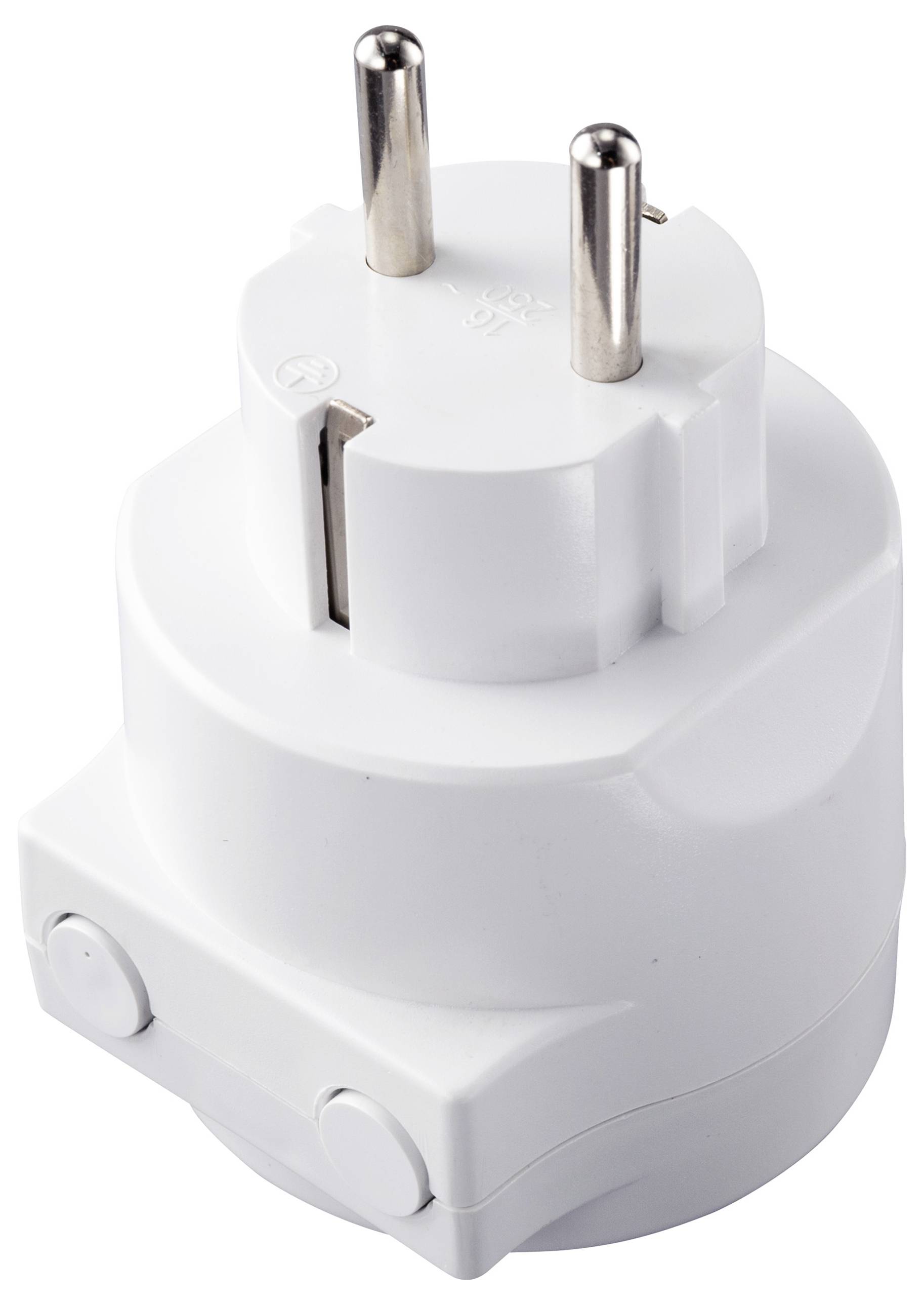 Weißer Steckdosenadapter mit zwei Metallstiften, geeignet für europäische Steckdosen.
