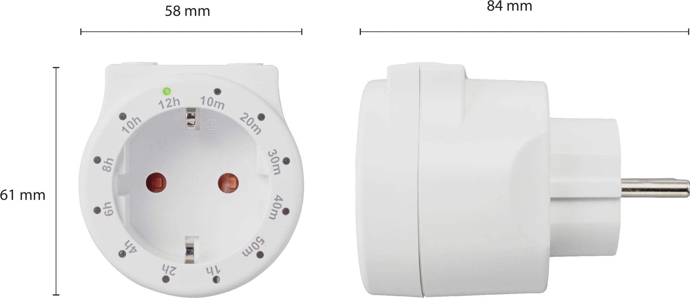 Elektrische Zeitschaltuhr-Steckdose mit seitlicher und frontaler Ansicht. Abmessungen: Breite 58 mm, Höhe 61 mm, Tiefe 84 mm.