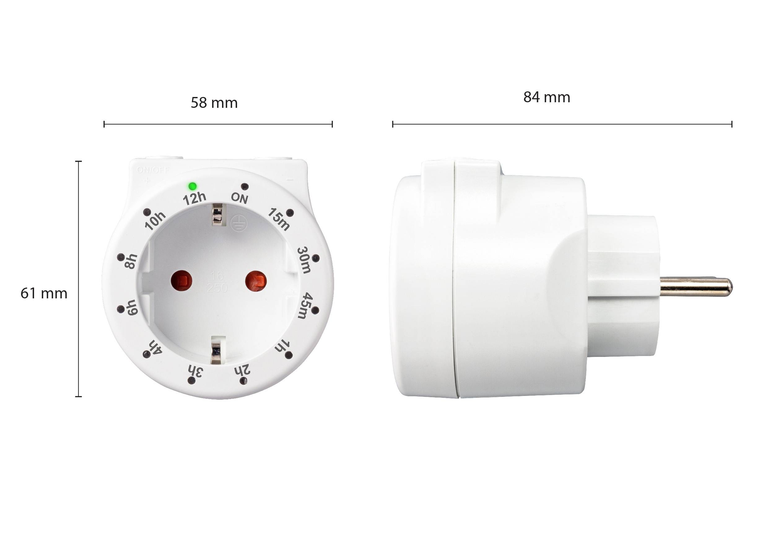 Steckdosentimer in Weiß, zeigt Maße: 58 mm Breite, 61 mm Höhe, 84 mm Tiefe. Zeigt Zeiteinstellungen in 15-Minuten-Intervallen.