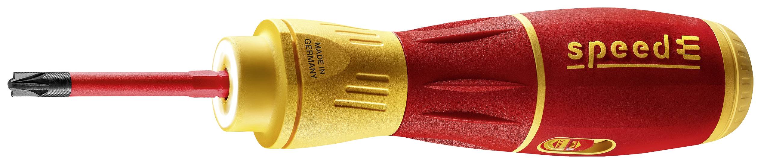 Ein roter Schraubendreher mit gelbem Griff und der Aufschrift 'speedE', speziell für elektrische Arbeiten konzipiert.