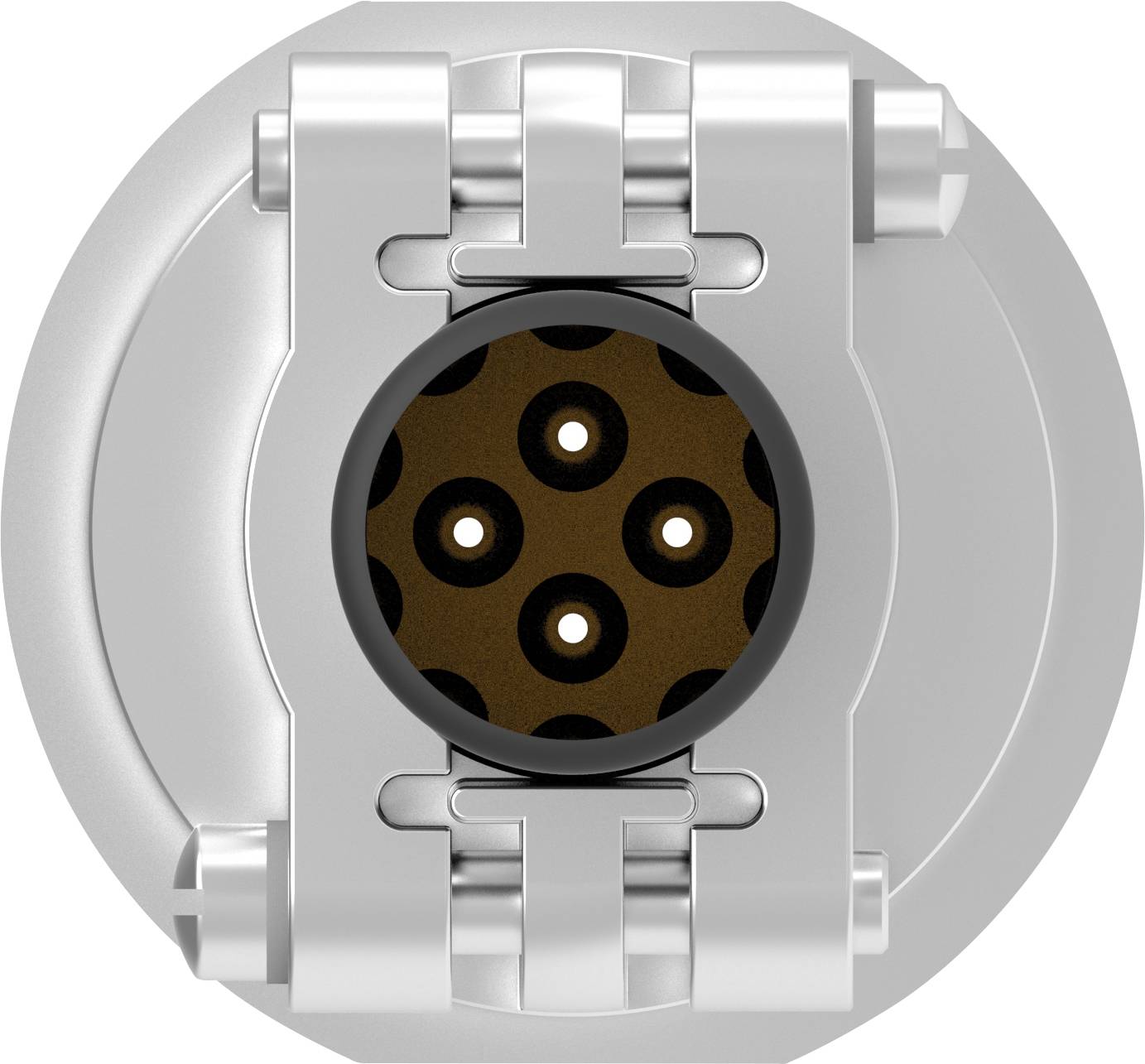 Ein runder, silberner Stecker mit mehreren kleinen Löchern in der Mitte, die elektrische Verbindungen ermöglichen.