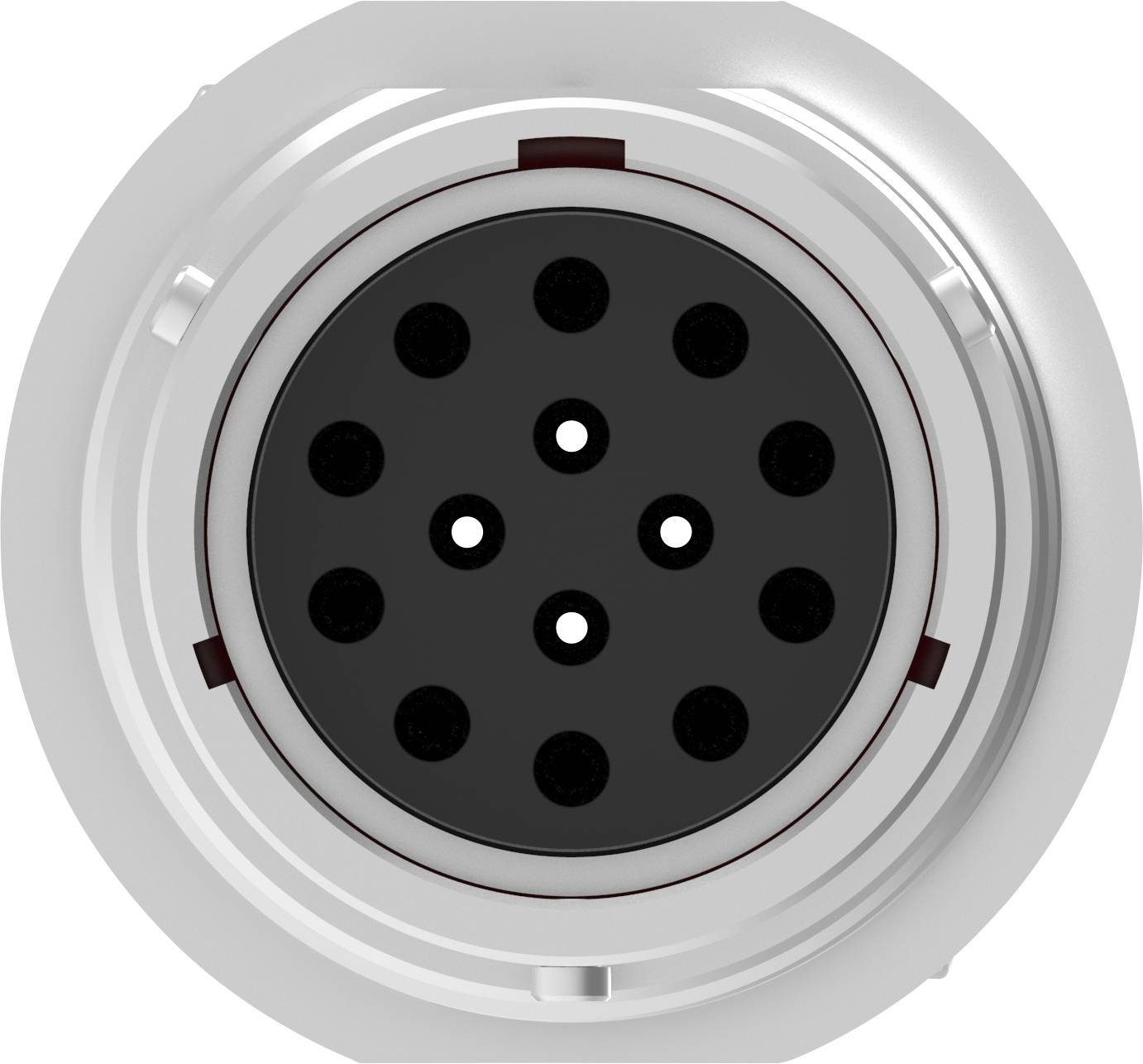 Schwarz-weißer, runder elektrischer Stecker oder Anschluss mit mehreren Löchern, von oben gesehen. Geeignet für Ladegeräte.