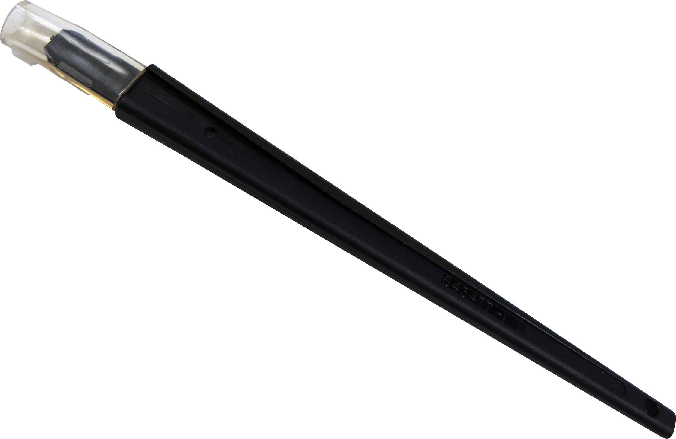 Ein schwarzer Kugelschreiber mit durchsichtigem Deckel liegt diagonal.