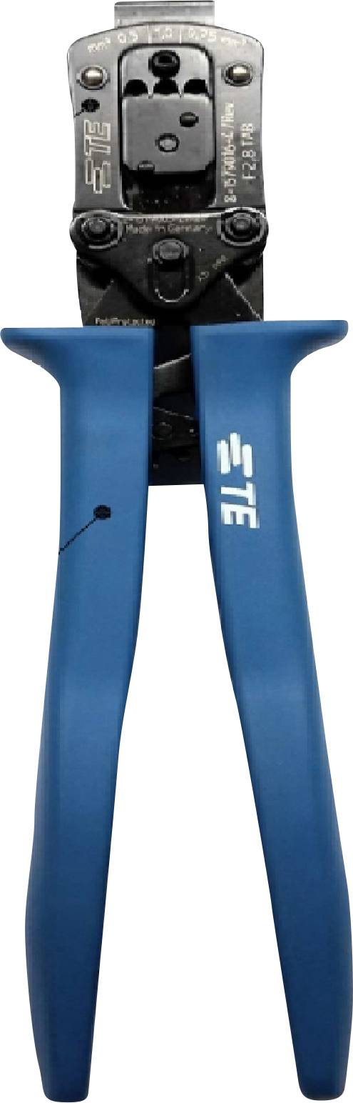 Blaues Crimpwerkzeug mit schwarzen Metallkomponenten, verwendet zum Verbinden von Kabeln mit Steckverbindern.