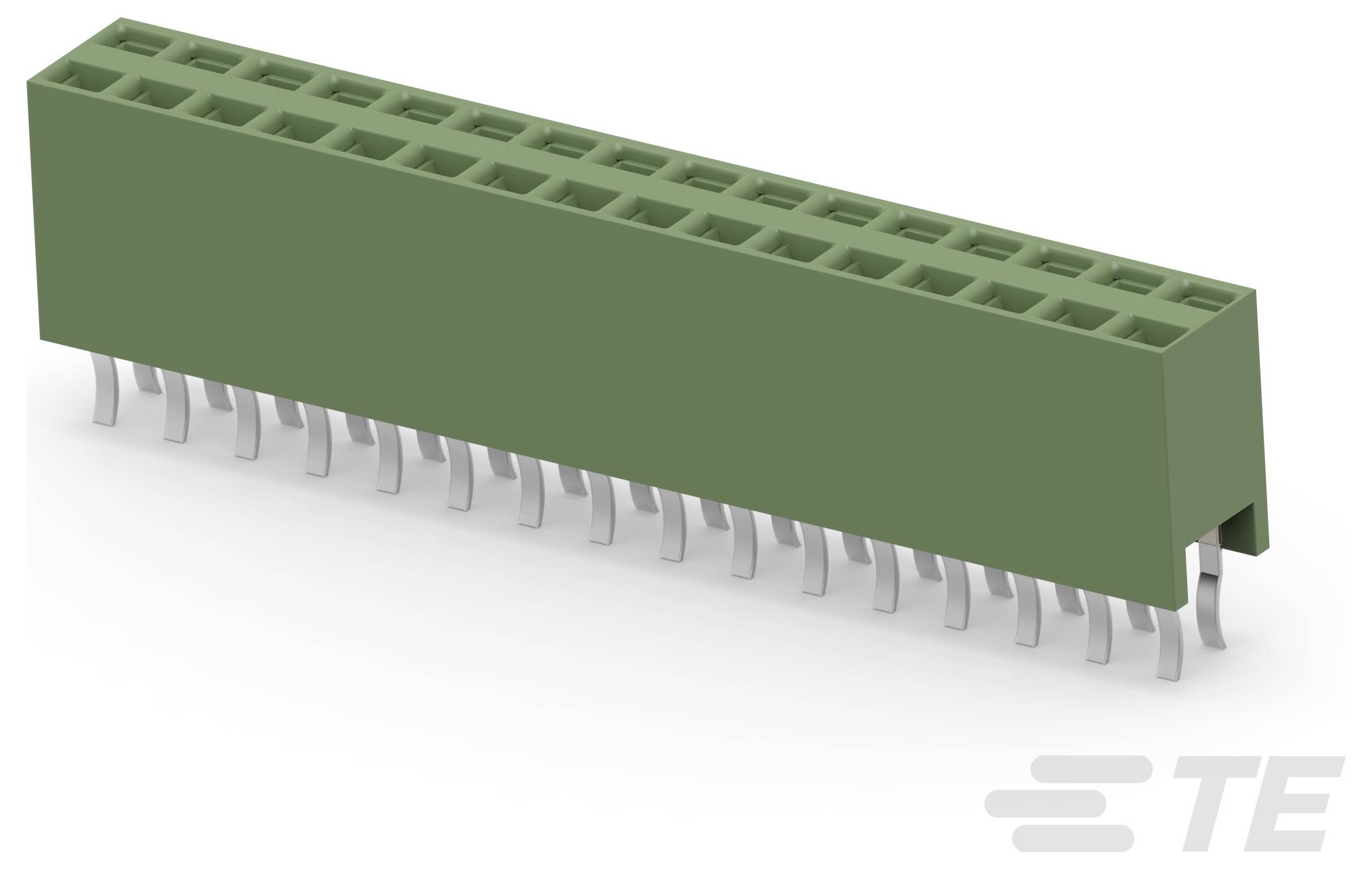 Ein grüner, rechteckiger elektronischer Stecker mit mehreren Pins, aus einem Winkel betrachtet. Logo „TE