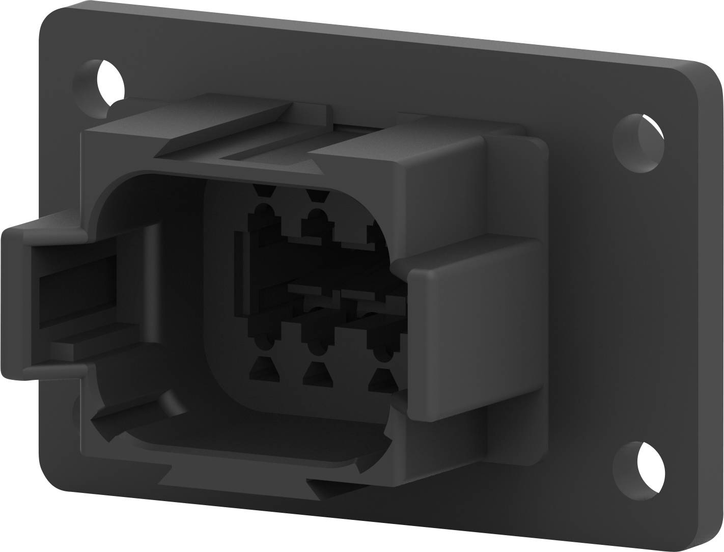 Ein schwarzer elektrischer Steckverbinder mit rechteckiger Grundplatte und mehreren Stiften in der Mitte, mit vier Befestigungslöchern.