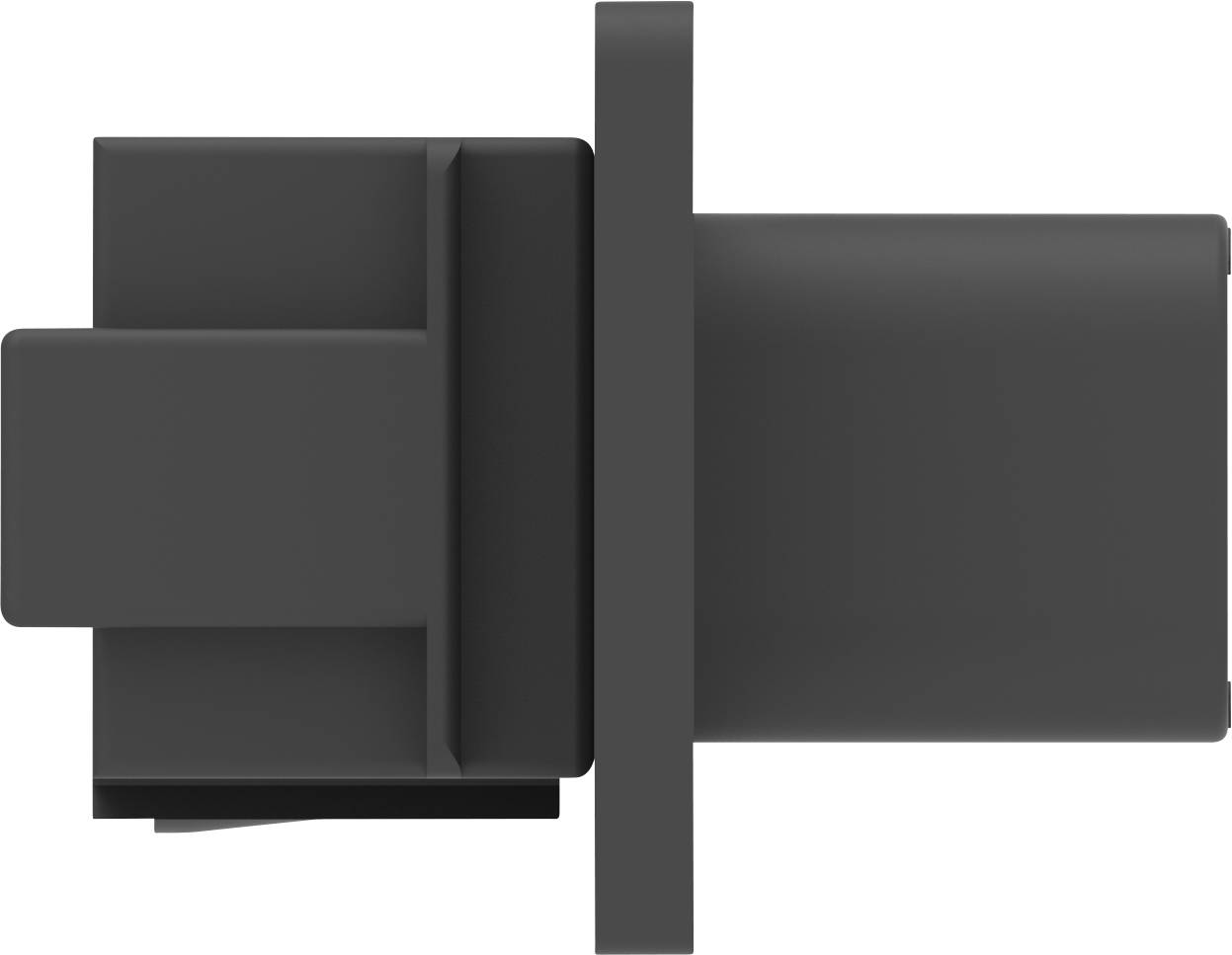 Schwarzes quadratisches mechanisches Bauteil mit hervorstehenden Elementen auf weißem Hintergrund.