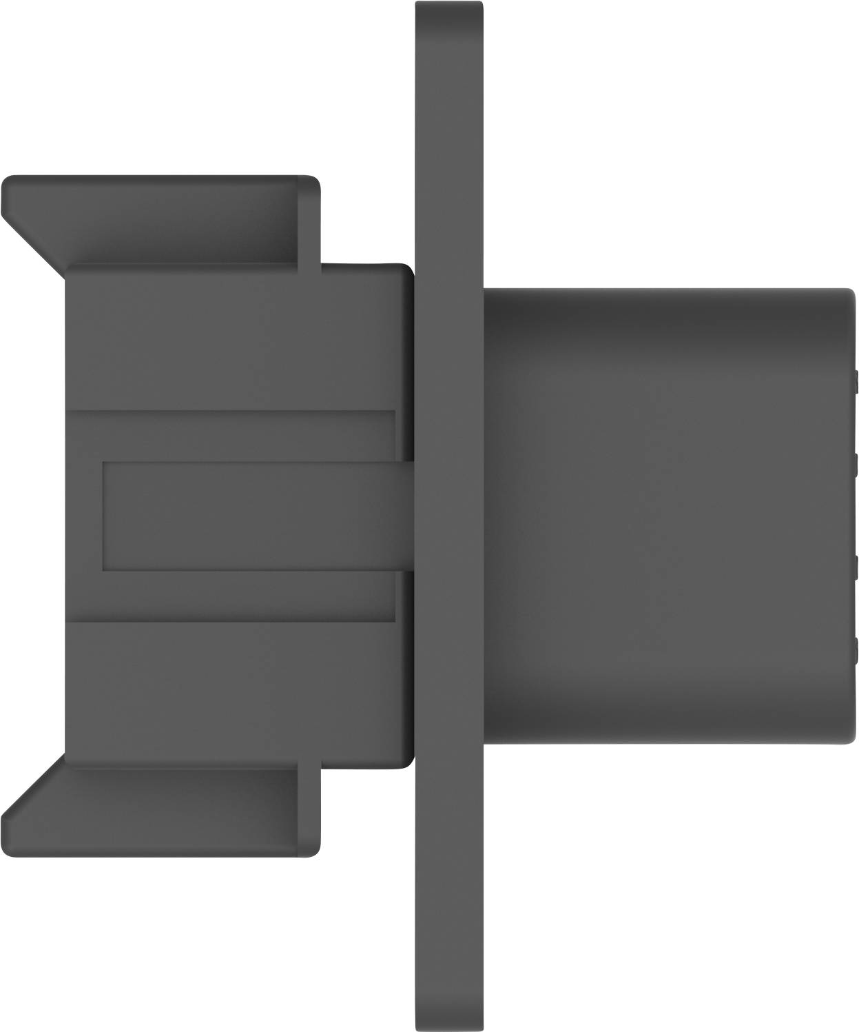 Dunkelgrauer rechteckiger, flacher Stecker mit vier Pins, seitlich dargestellt.
