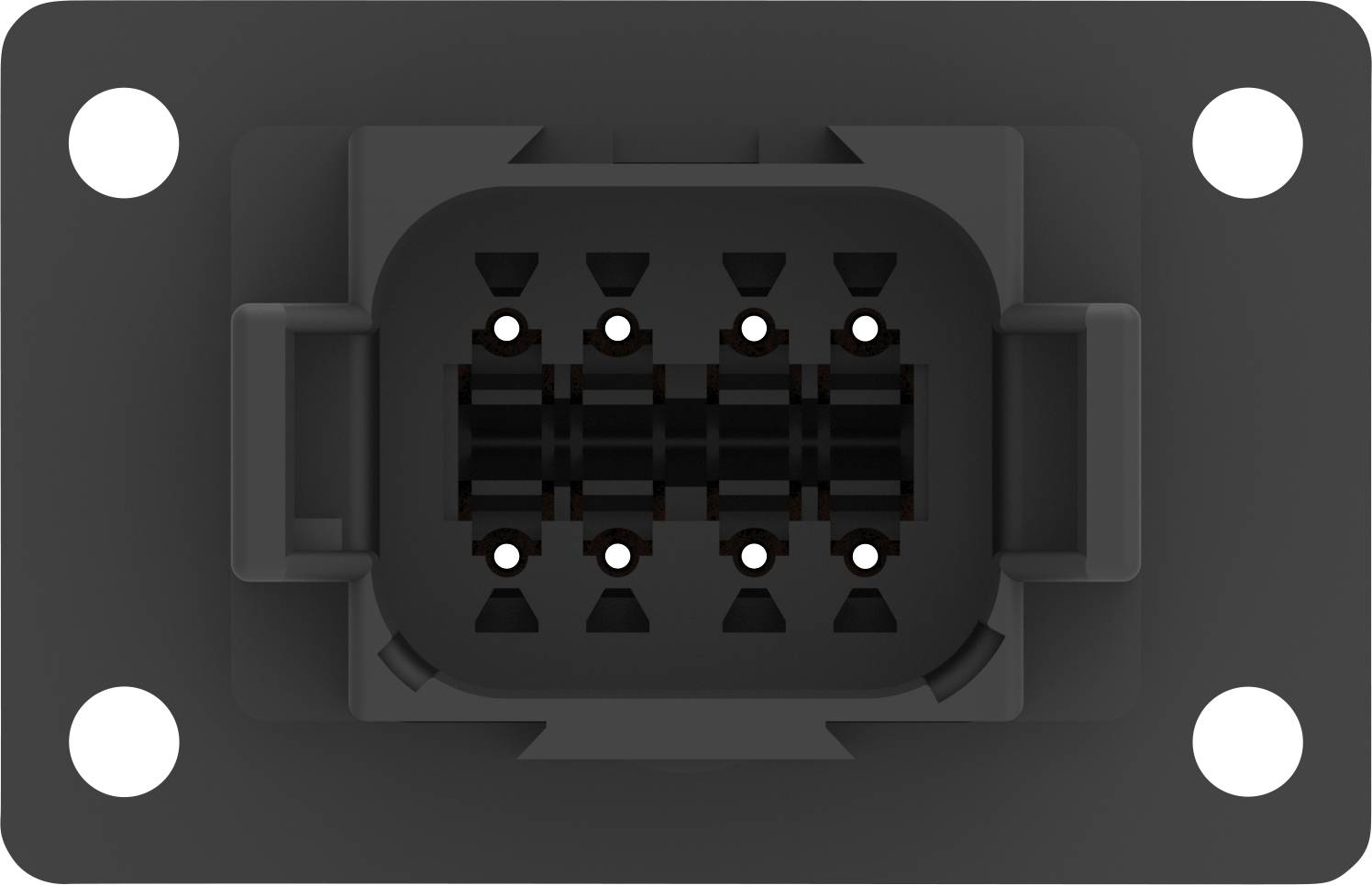 Ein rechteckiger, schwarzer elektrischer Steckverbinder mit acht Kontaktstellen und vier Befestigungslöchern an den Ecken.