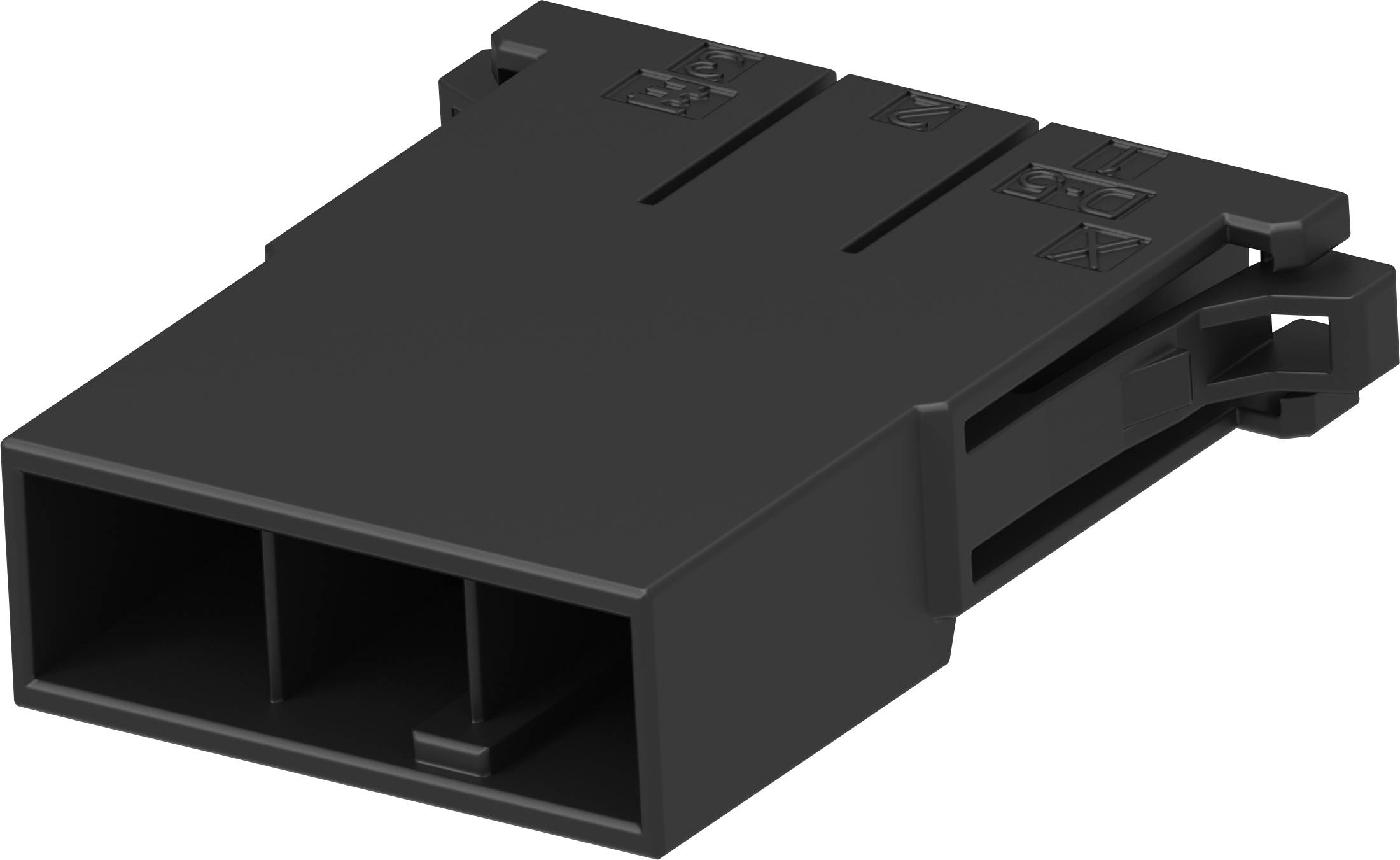 Schwarzer Kunststoff-Stecker mit zwei Öffnungen und seitlichen Clips, zeigt Symbole auf der Oberfläche. Geeignet für elektronische Verbindungen.