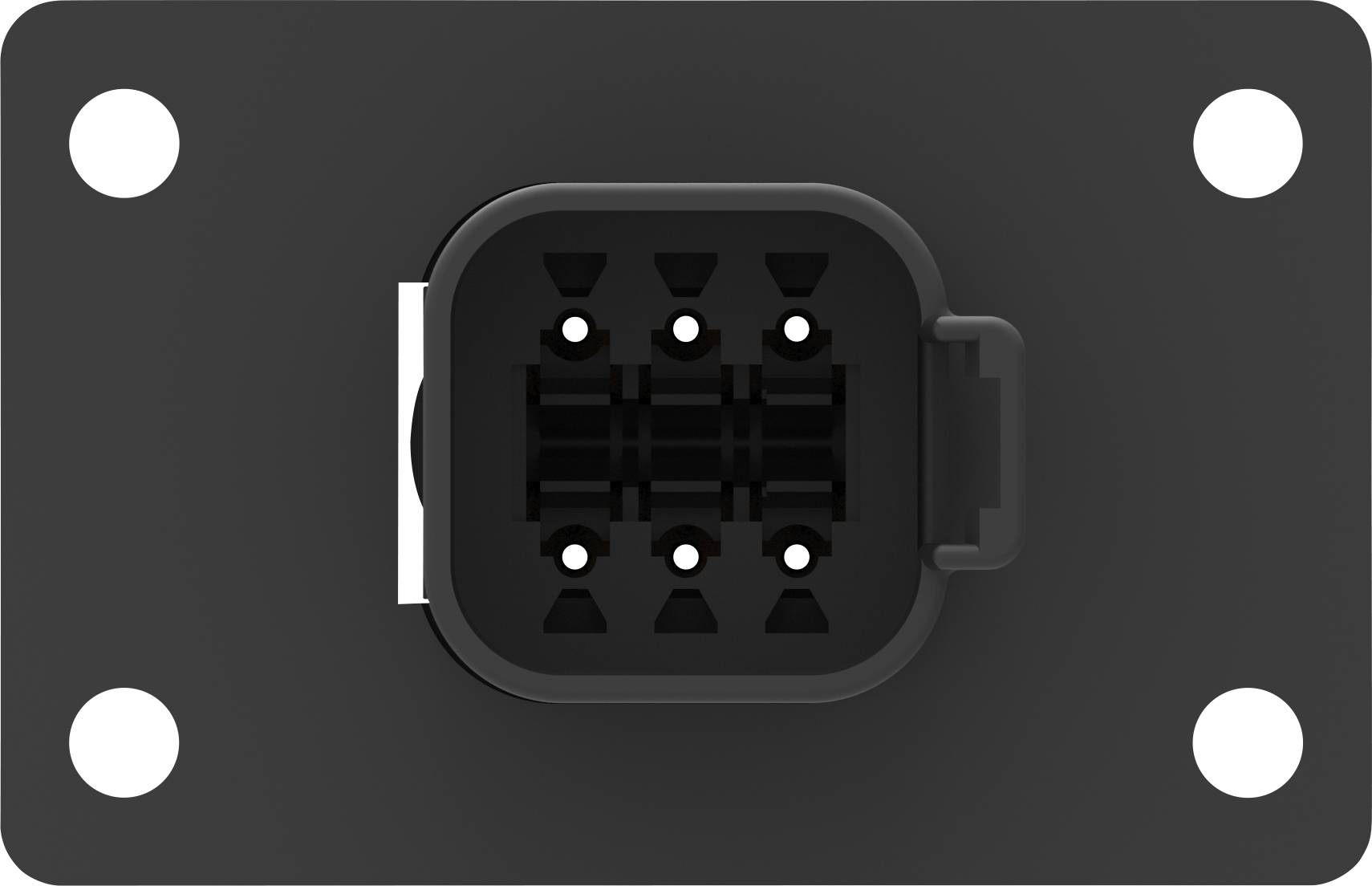 Schwarze rechteckige Steckverbindung mit mehreren kleinen Löchern in der Mitte, montiert auf einer rechteckigen Platte mit vier Befestigungspunkten.