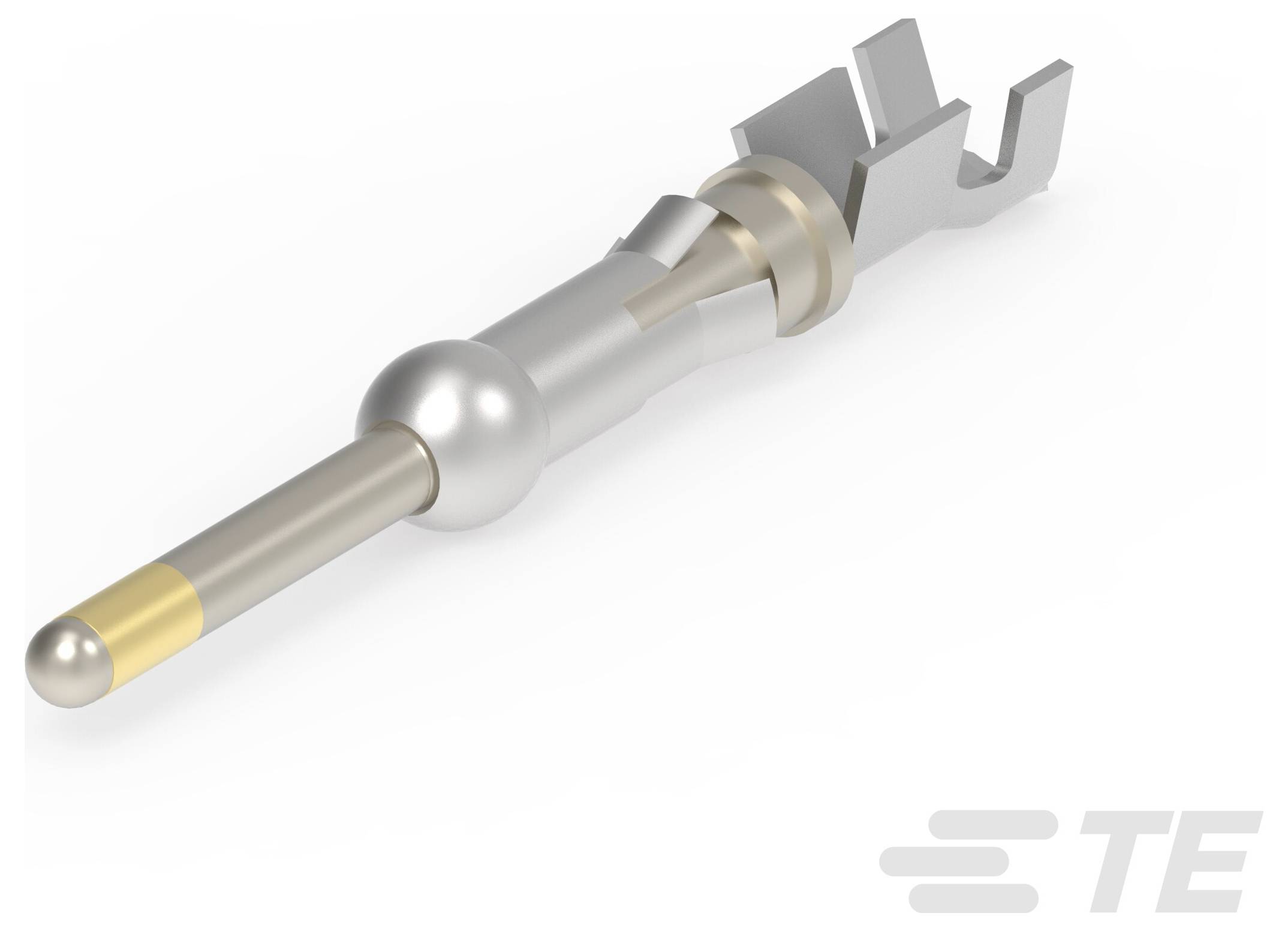 Ein metallischer elektrischer Stecker; zylindrisch mit vergoldeter Spitze; wird verwendet, um zuverlässige Draht-zu-Platinen-Verbindungen in Geräten sicherzustellen.