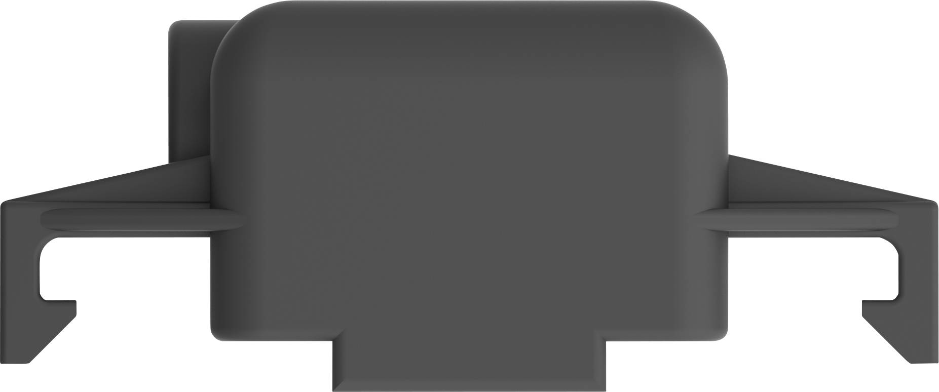 Schwarzes elektronisches Bauteil mit rechteckiger Form und seitlichen Haken. Möglicherweise Teil einer mechanischen oder elektrischen Vorrichtung.