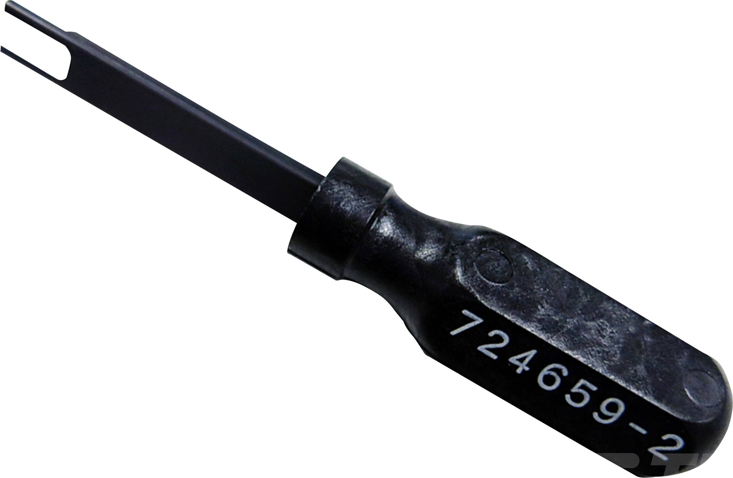 Ein schwarzes Handwerkzeug zum Herausziehen von Klammern oder Steckverbindern mit der Aufschrift '724659-2' auf dem Griff.