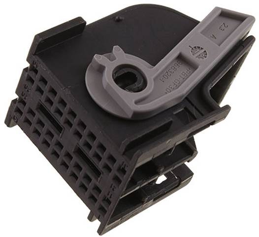 Ein schwarzer elektrischer Steckverbinder mit einem grauen Kunststoff-Verriegelungsmechanismus oben, der zum Sichern und Organisieren von Drahtverbindungen verwendet wird.
