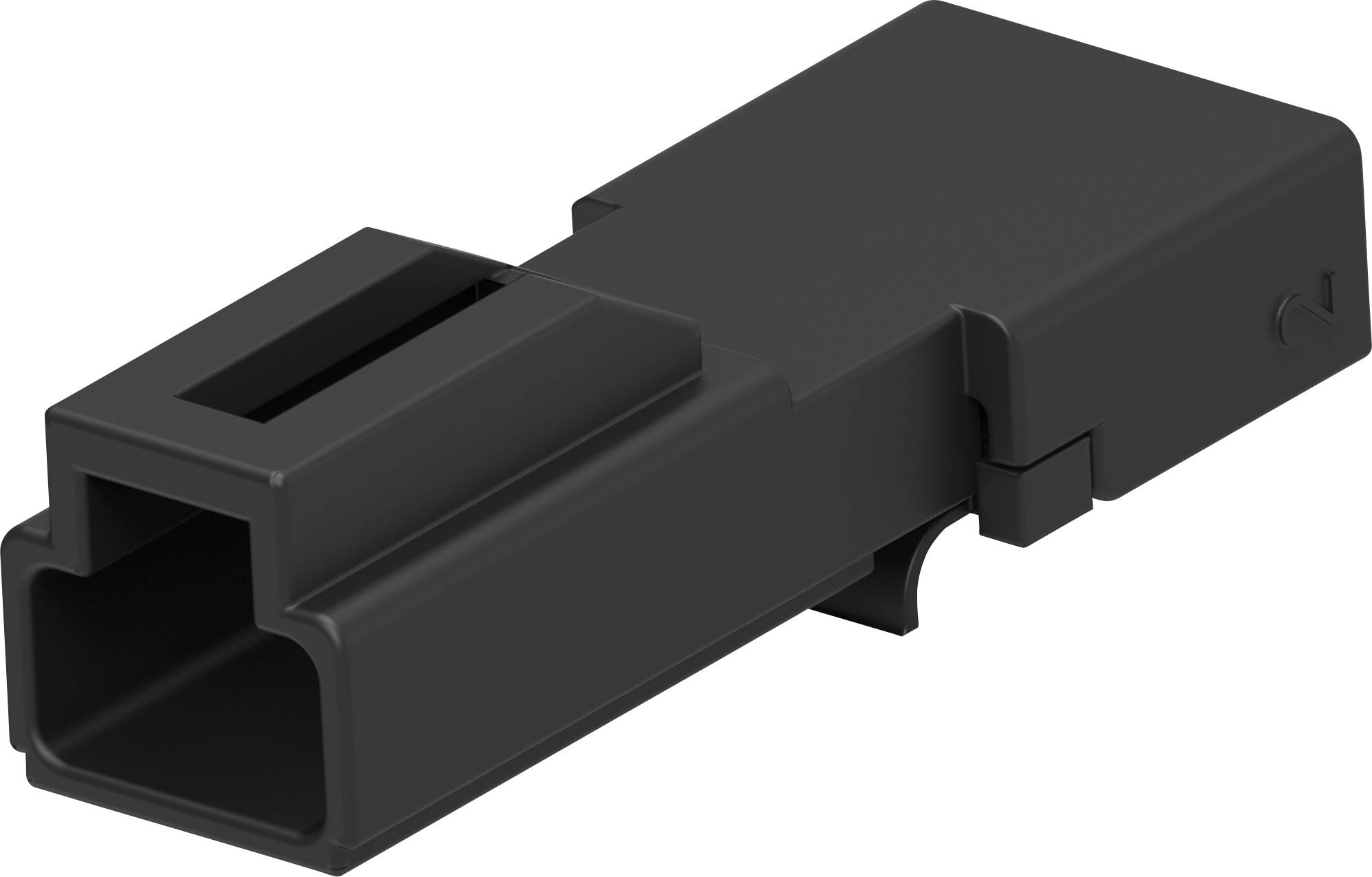 Schwarzer, rechteckiger Kunststoffstecker mit einer Buchse an einem Ende.