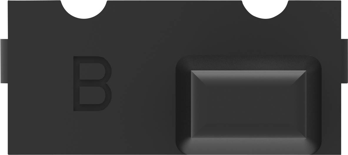 Ein schwarzer Kunststoffrauchmelder mit rechteckiger Form, einer erhabenen Taste und einem eingravierten Buchstaben 'B' auf der Oberfläche.