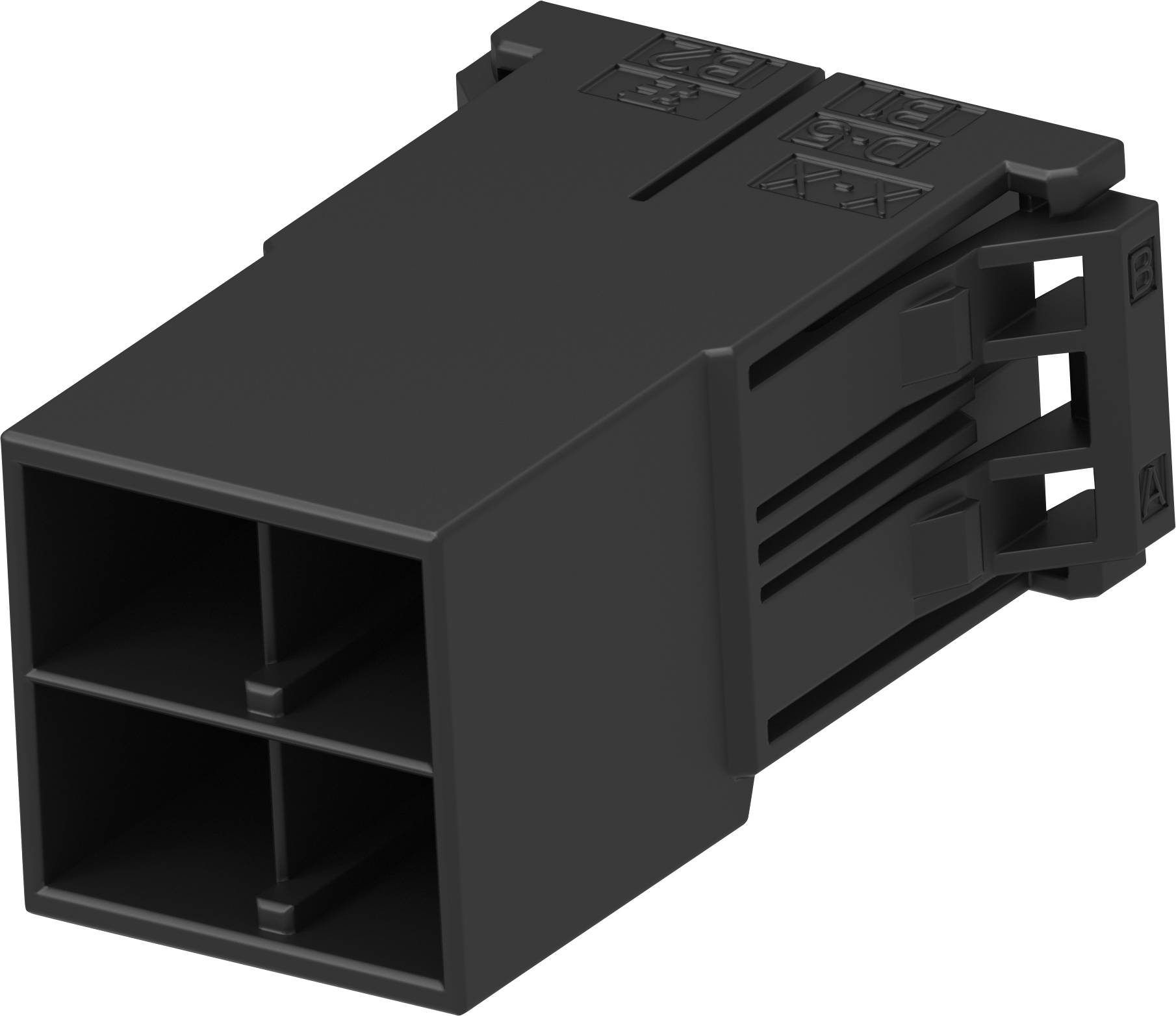 Schwarzer Kunststoff-Stecker mit vier Kammern und seitlichen Befestigungsclips, genutzt für elektrische Verbindungen in Geräten.