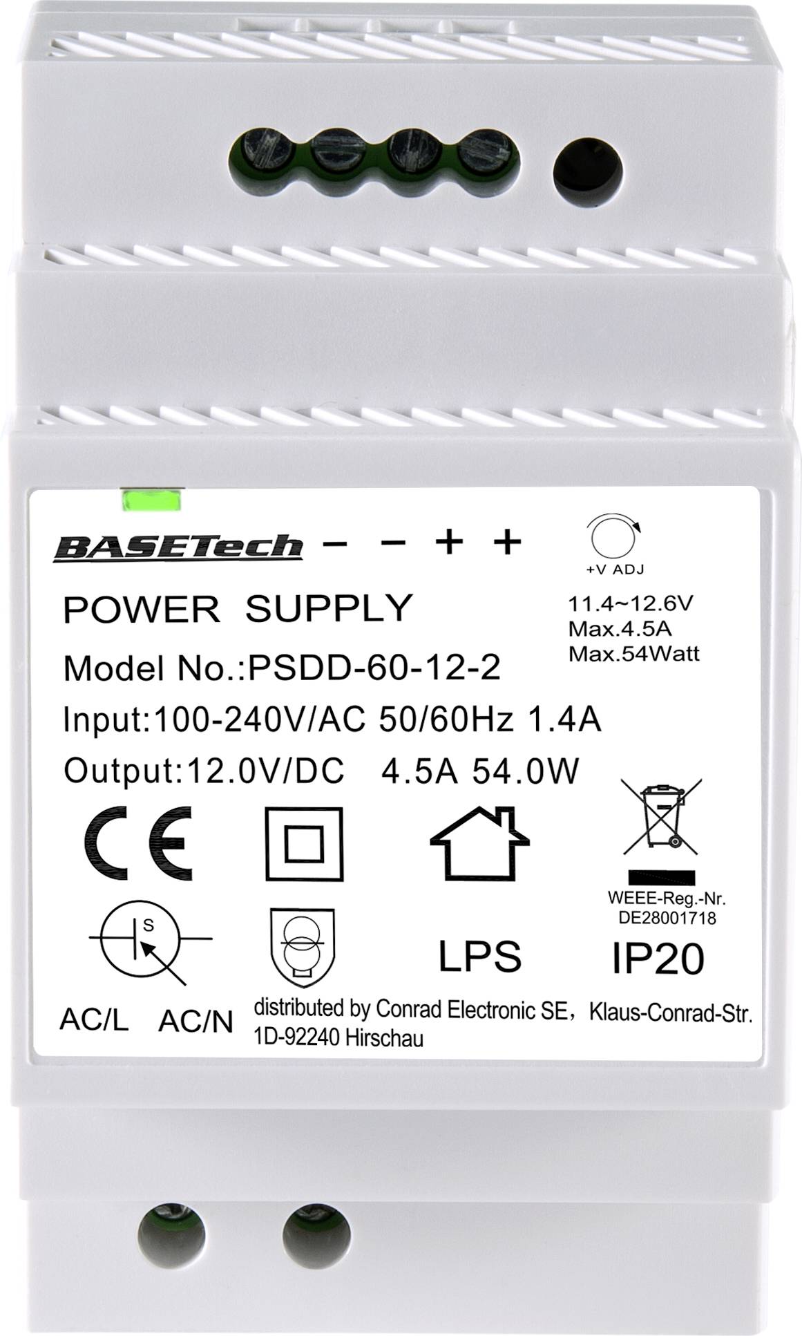 Basetech BT-2250320 Hutschienen-Netzteil (DIN-Rail) 12V 4.5A 54W Anzahl Ausgänge:2 x Inhalt 1St.
